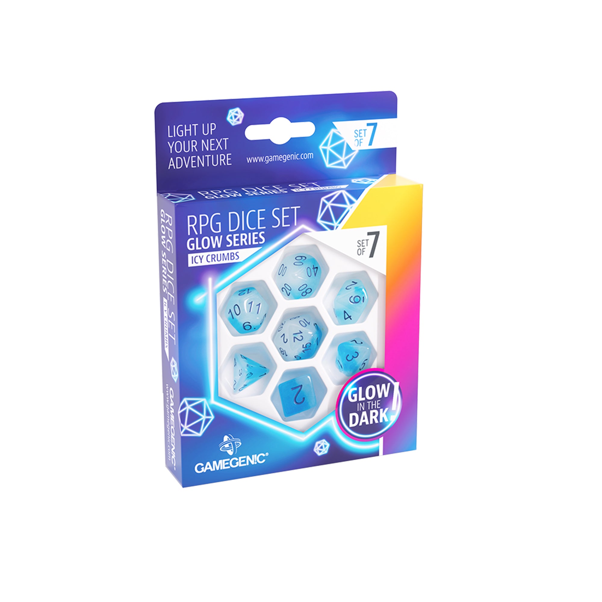 Glow Series Icy Crumbs RPG Dice Set - 7 Piece Polyhedral Dice for D&D, Pathfinder & Tabletop Games - Perfect for Gamers, Collectors & Fantasy Roleplaying Adventures
