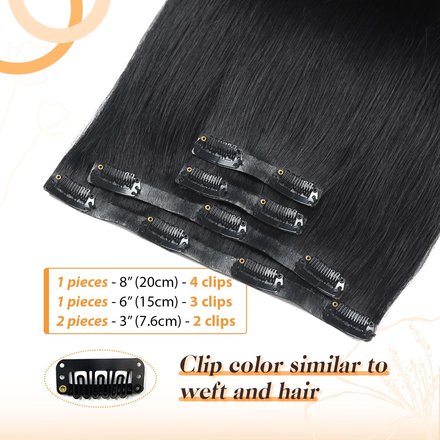 Silky Straight Clip-in Remy Human Hair Extensions for Women - 18 Inch Natural Black Hair Weft for Length & Volume - Perfect for Parties, Weddings & Daily Styling