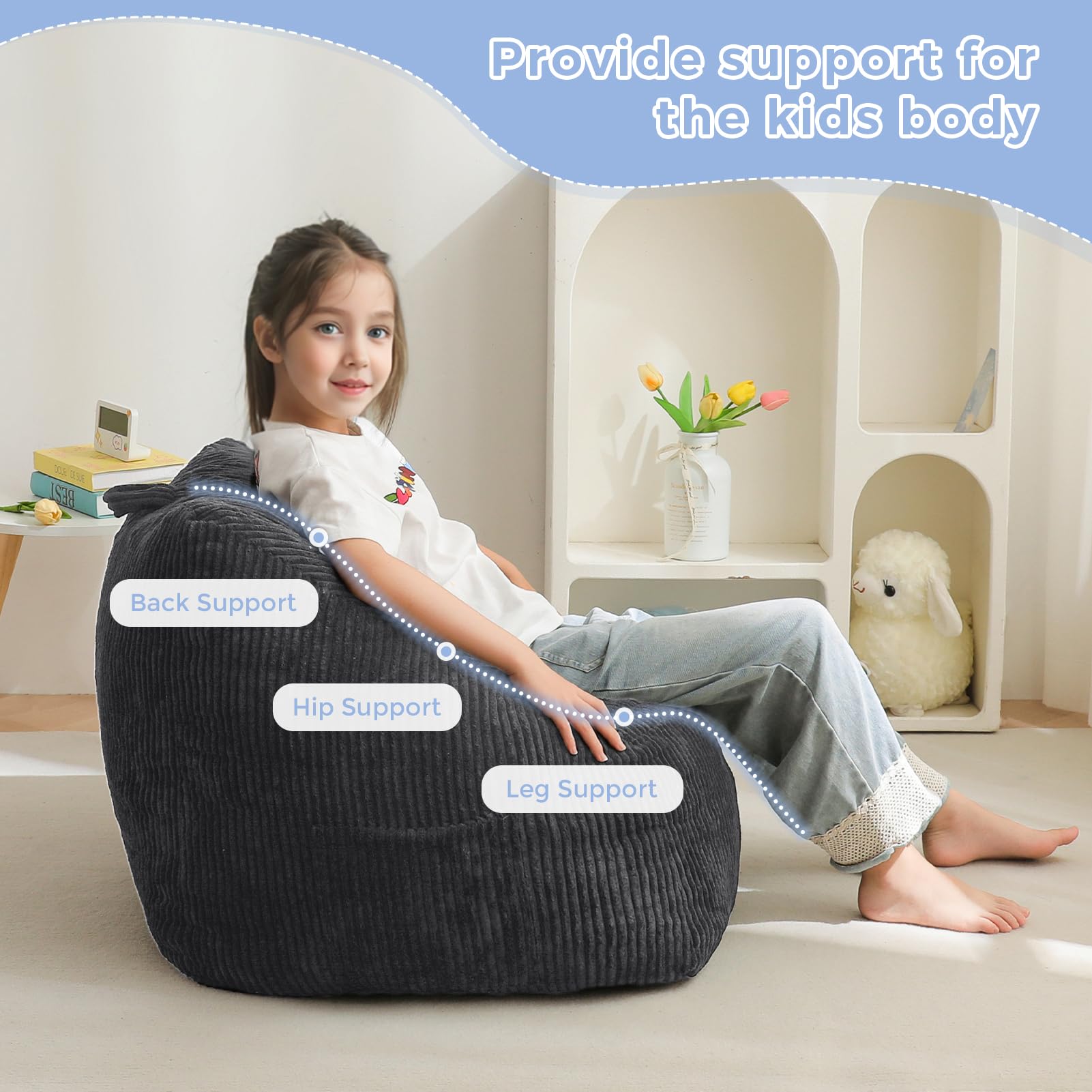 MAXYOYO Kids Bean Bag Chair - Corduroy Gaming & Reading Lounge Chair with Handle & Storage Pocket for Boys & Girls, Dark Grey - Perfect for Bedrooms, Playrooms & Dorm Relaxation