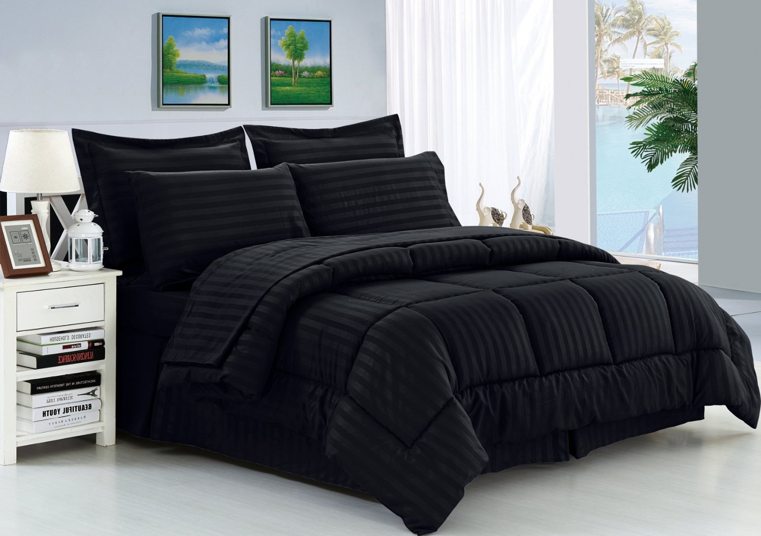 Luxury 3-Piece Comforter Set - 400 GSM Hotel Quality Microfiber Bedding with 1000 Thread Count - King Size Black Stripe Pattern - Perfect for Master Bedroom, Guest Room & Airbnb