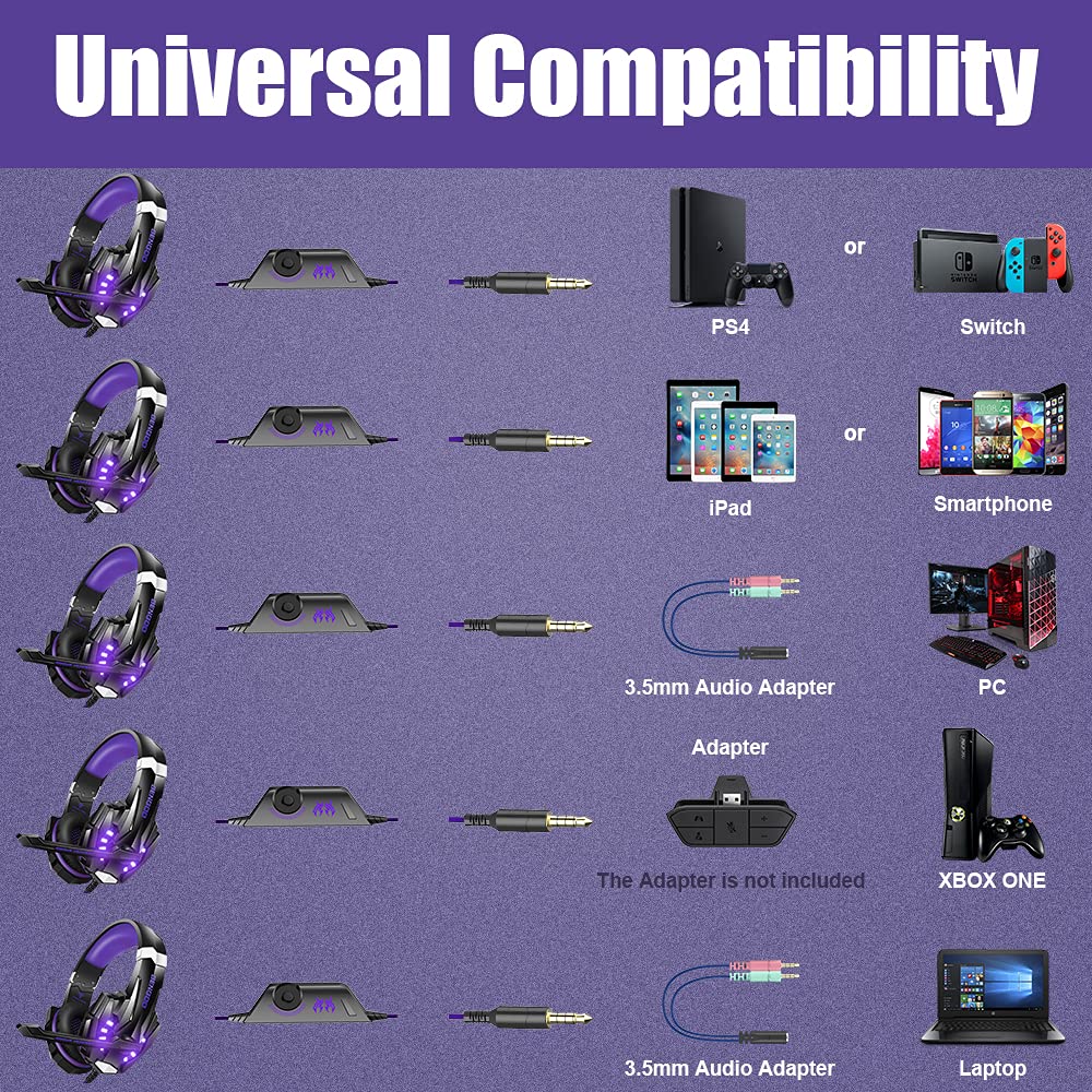 BENGOO G9000 Stereo Gaming Headset with Mic - Noise Cancelling Over-Ear Headphones for PS5, PS4, PC, Xbox One | LED Light, Bass Surround, Soft Memory Earmuffs (Purple) | Perfect for Competitive Gaming & Online Chat