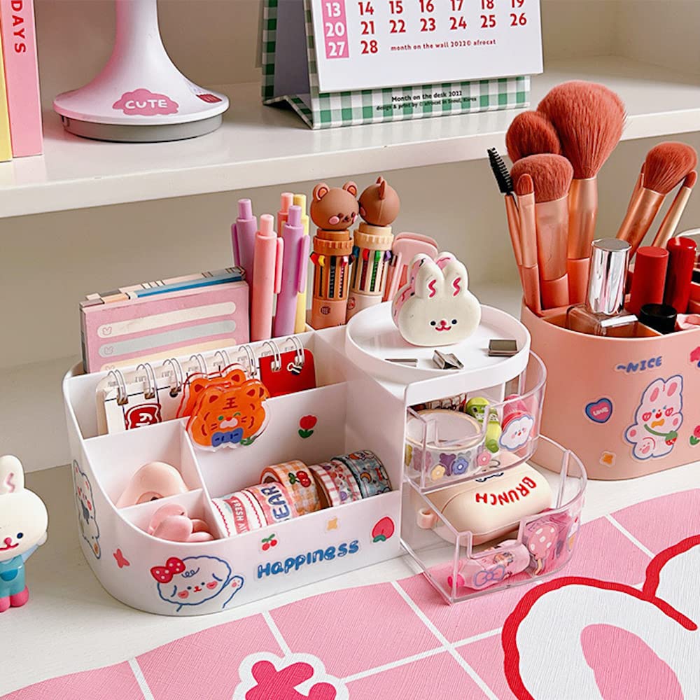 Cute Kawaii Desk Organizer with Drawers & Stickers - DIY Fun School Supplies for Teen Girls - Stationery Storage & Organization for Dorm, Bedroom, Office (8.7x4.5x3.6 inches, White) - Perfect for Study, Work & Home Decor
