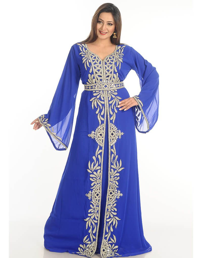 Elegant Royal Blue Arabic Kaftan Dress with Hand Embroidery - Perfect for Parties, Weddings & Special Occasions