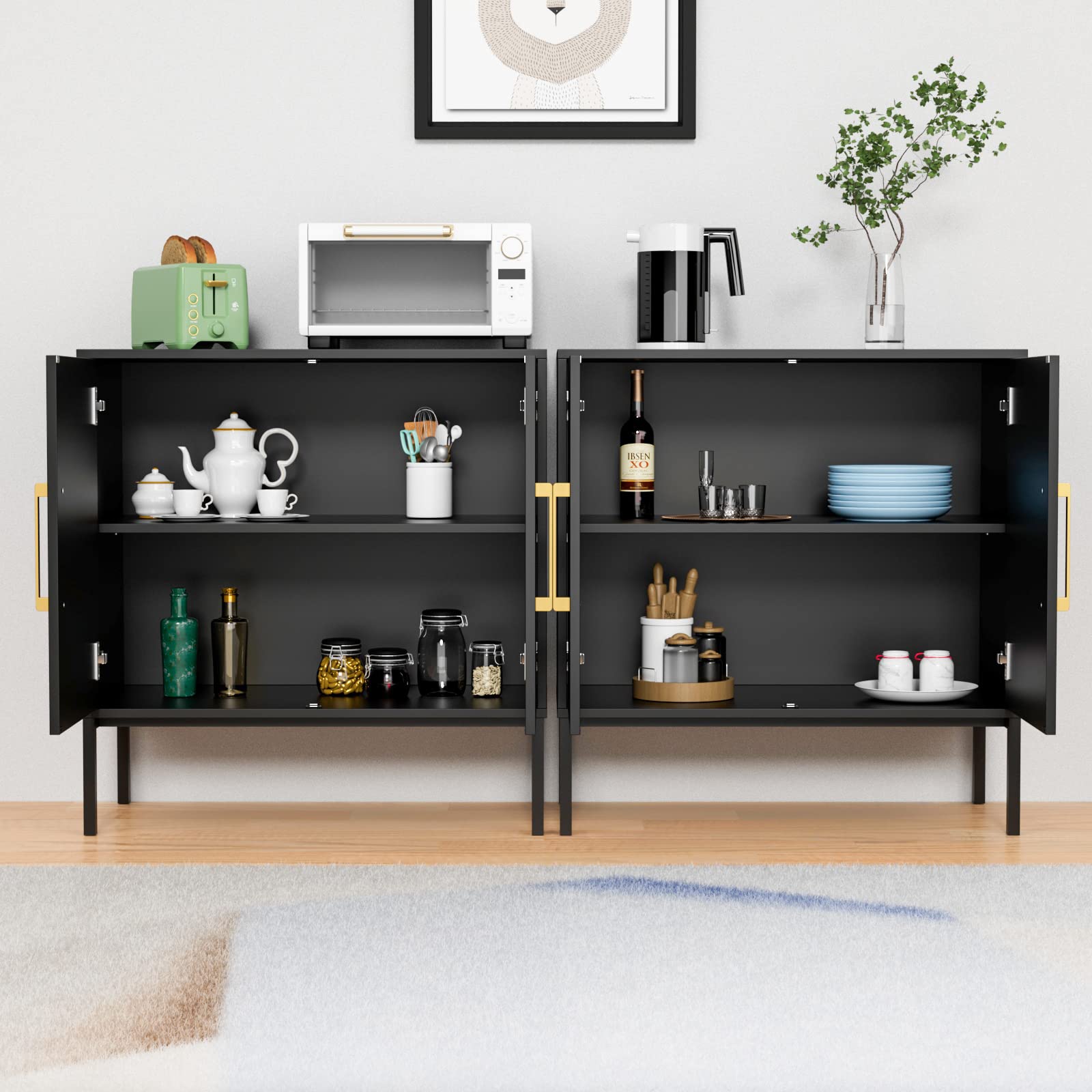 CARPETNAL 2-Piece Accent Storage Cabinet Set with Doors & Adjustable Shelves - Freestanding Buffet Sideboard for Living Room, Dining Room, Kitchen, Hallway - Modern Home Organization Furniture (Black) | Perfect for Displaying Decor, Storing Dishes & Creating Extra Counter Space
