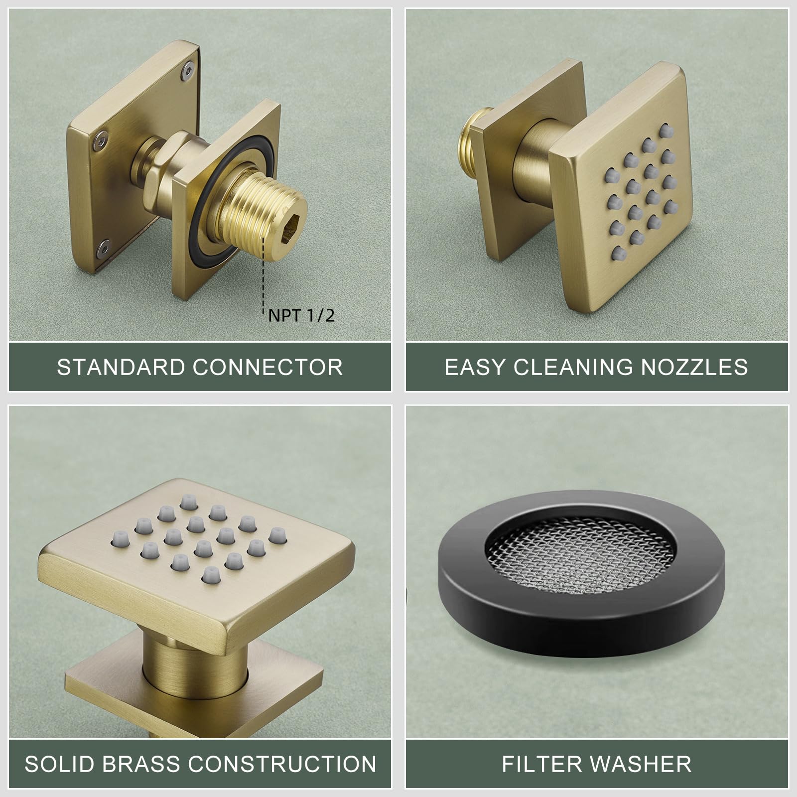 4PCS Square Shower Body Jet Sprayers - Brass Head Spa Massage Wall Mount Jets with NPT 1/2