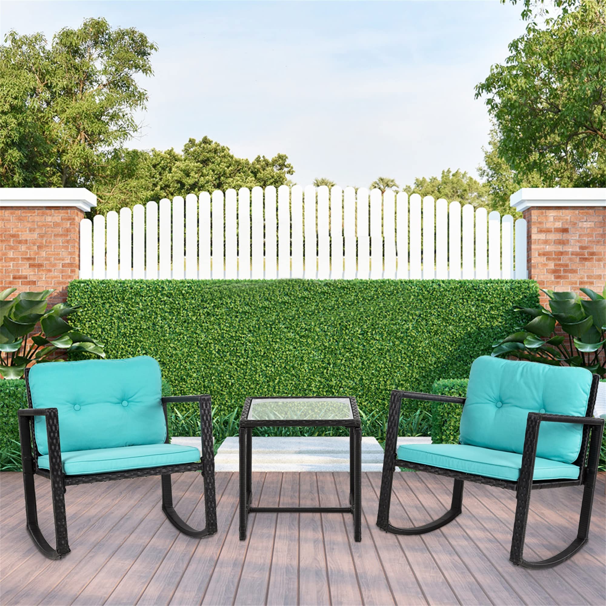 3-Piece Outdoor Patio Rocking Bistro Set - Modern PE Wicker Rattan Rocking Chairs with Glass Coffee Table - Blue - Perfect for Backyard, Porch, Poolside & Garden Relaxation