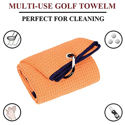 **VIVIDLY 2 Pack Premium Microfiber Golf Towels - Tri-Fold Waffle Pattern with Heavy Duty Carabiner Clip, Orange Golf Accessories for Men - Perfect for Golf Bags, Clubs & On-Course Use**