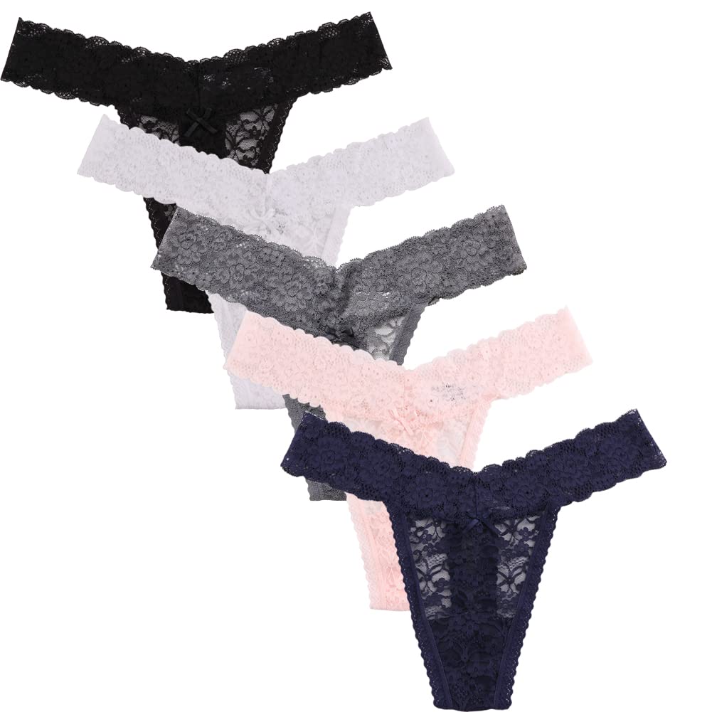 Sexy Lace Thong Panties for Women - 5 Pack Sheer V-Cut Cheeky Underwear | Perfect for Date Night & Special Occasions