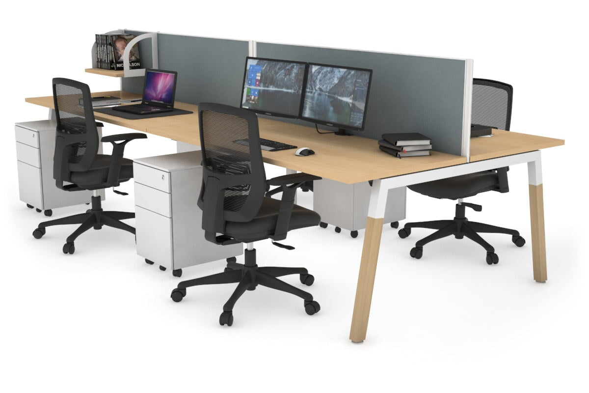 Quadro A Legs 4-Person Office Workstation with Wood Legs & Cross Beam [1200L x 700W] - Perfect for Collaborative Workspaces, Home Offices & Coworking Environments
