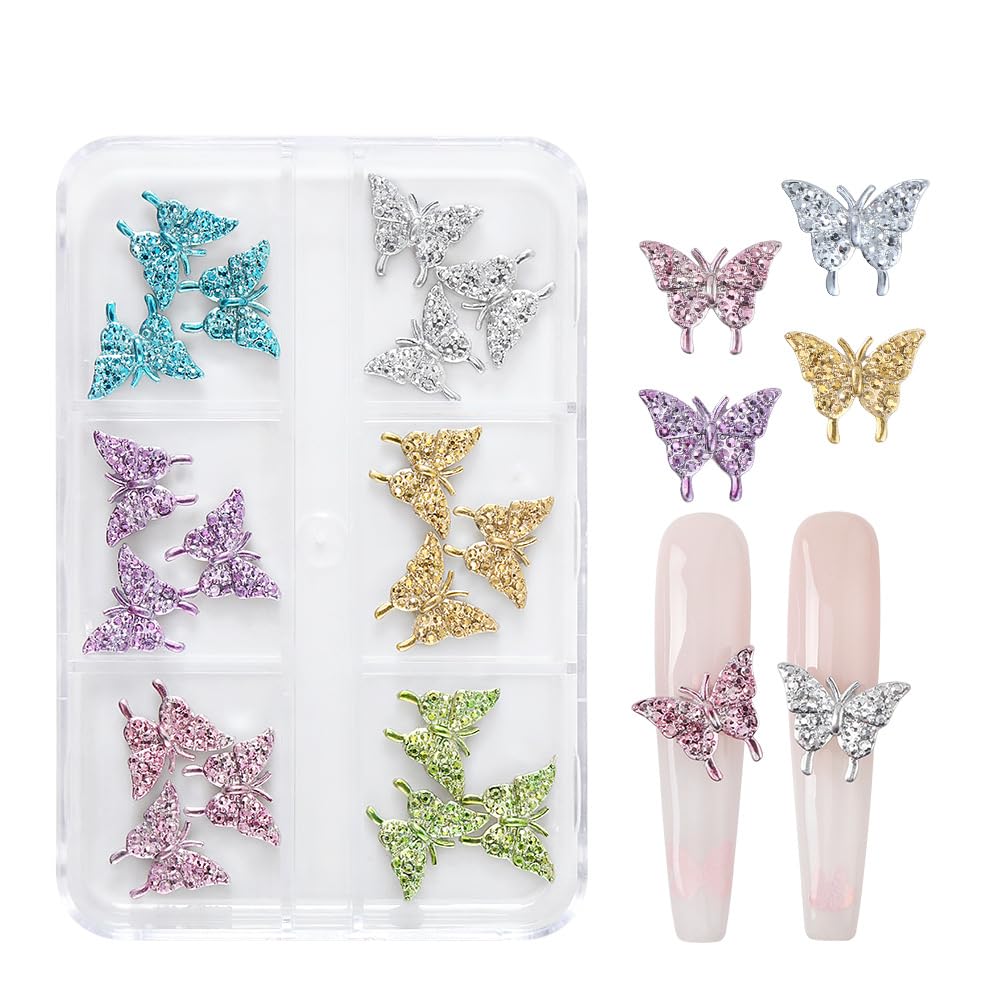 3D Colorful Butterfly Nail Charms - Alloy Butterfly Shaped Nail Gems & Rhinestones for Acrylic Nails | Shiny Crystal Nail Art Decorations for Women | Perfect for Nail Salon Designs, DIY Manicures & Party Nail Art