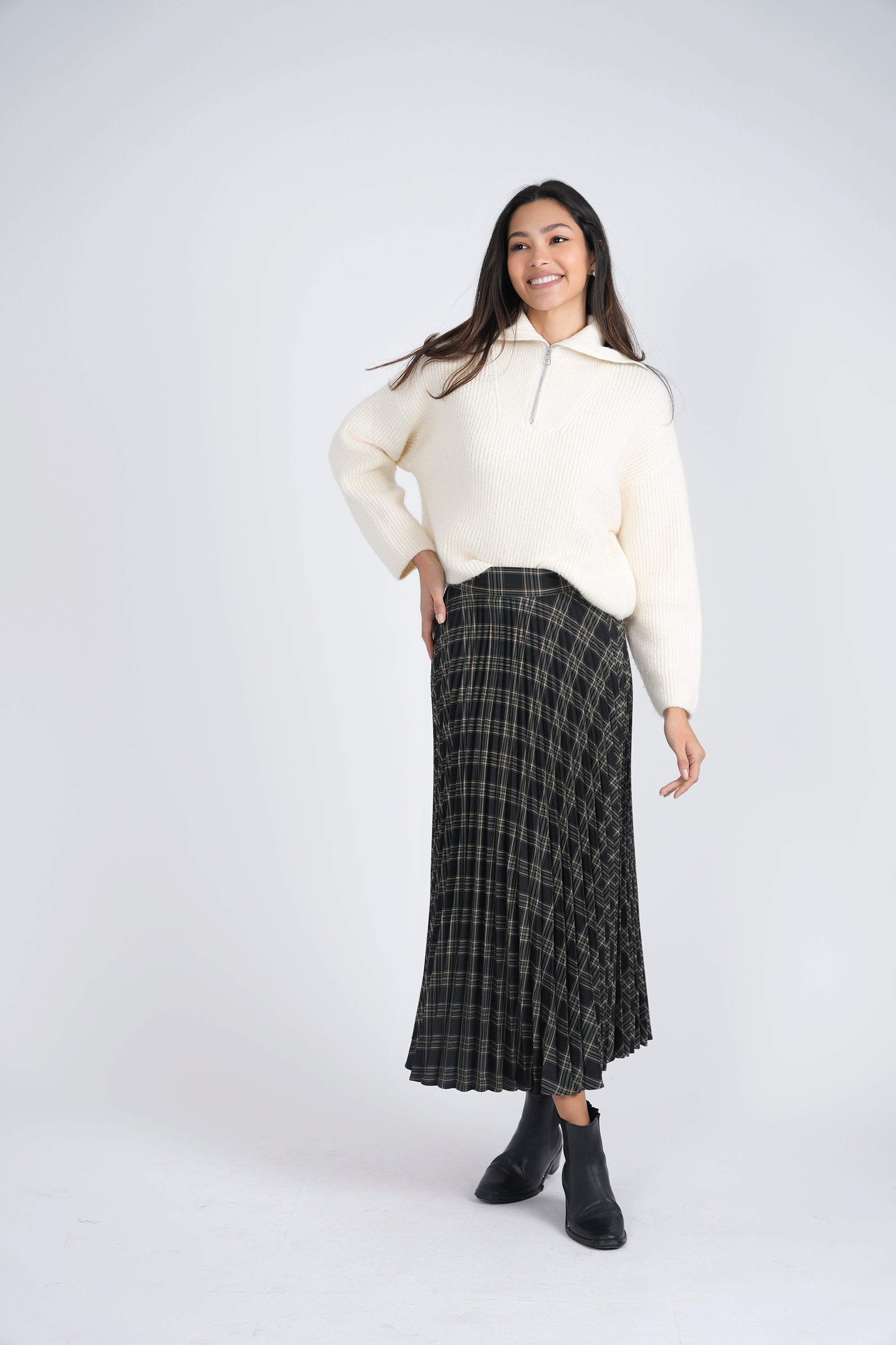 Stylish Accordion Pleated Midi Skirt in Classic Plaid Pattern - Perfect for Office Wear, Casual Outings and Fall Fashion