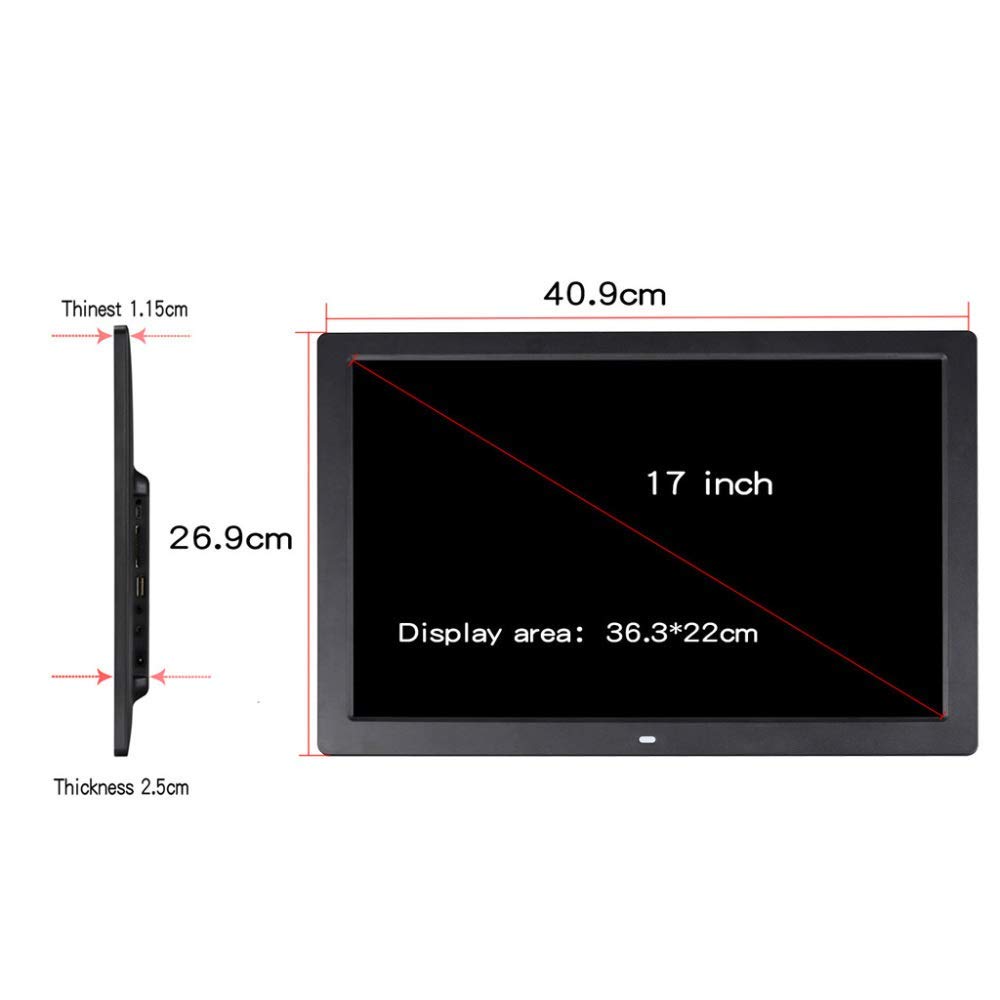 17 Inch Digital Picture Frame - Full HD 1440x900 IPS Display with Photo, Music & Video Player | Calendar, Alarm, Auto On/Off Timer | Remote Control, USB & SD Card Support | Perfect for Home, Office & Gift Giving