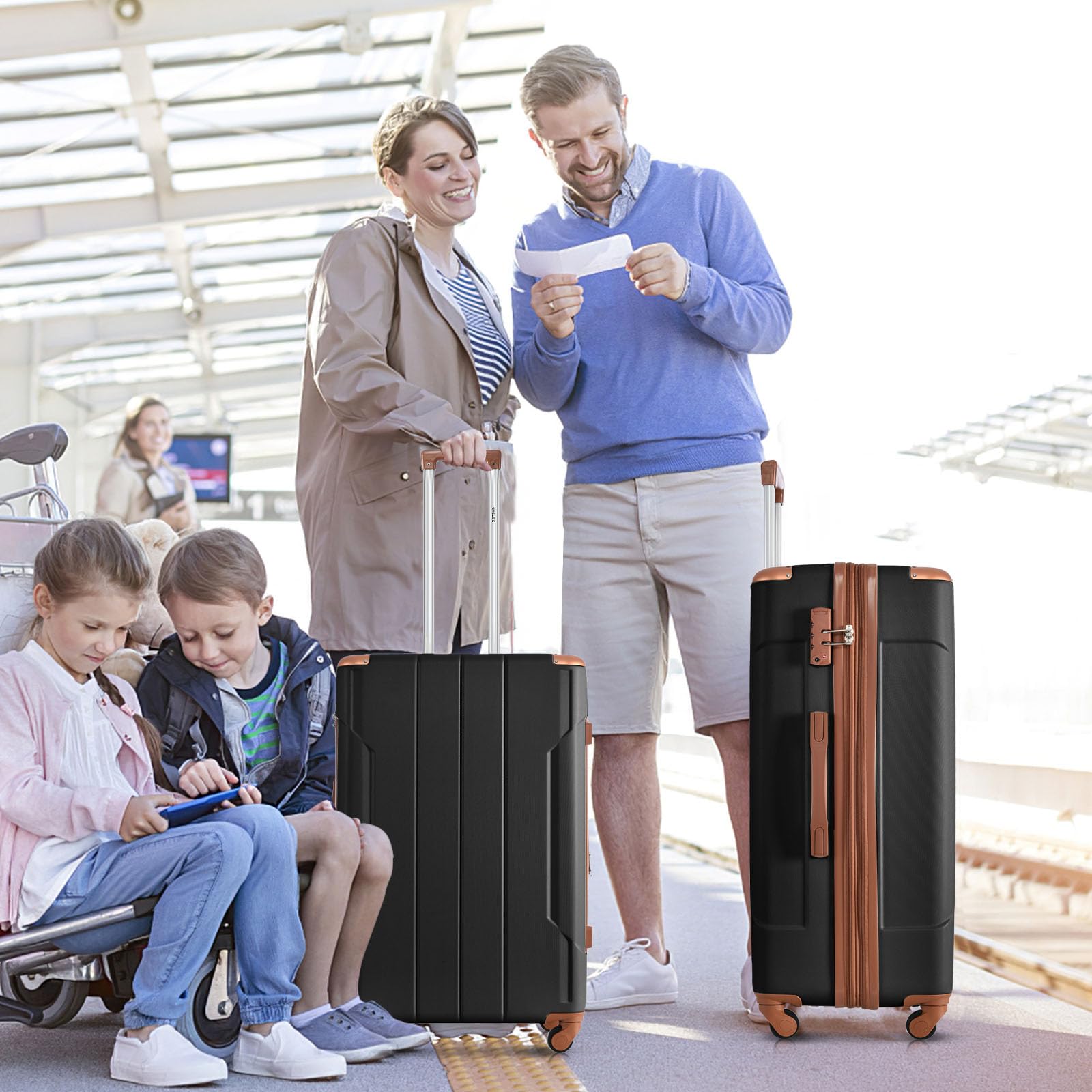 Merax 3-Piece Expandable Lightweight Spinner Luggage Set with Corner Guards (Black Brown, 20/24/28 Inch) - Perfect for Travel, Business Trips & Family Vacations