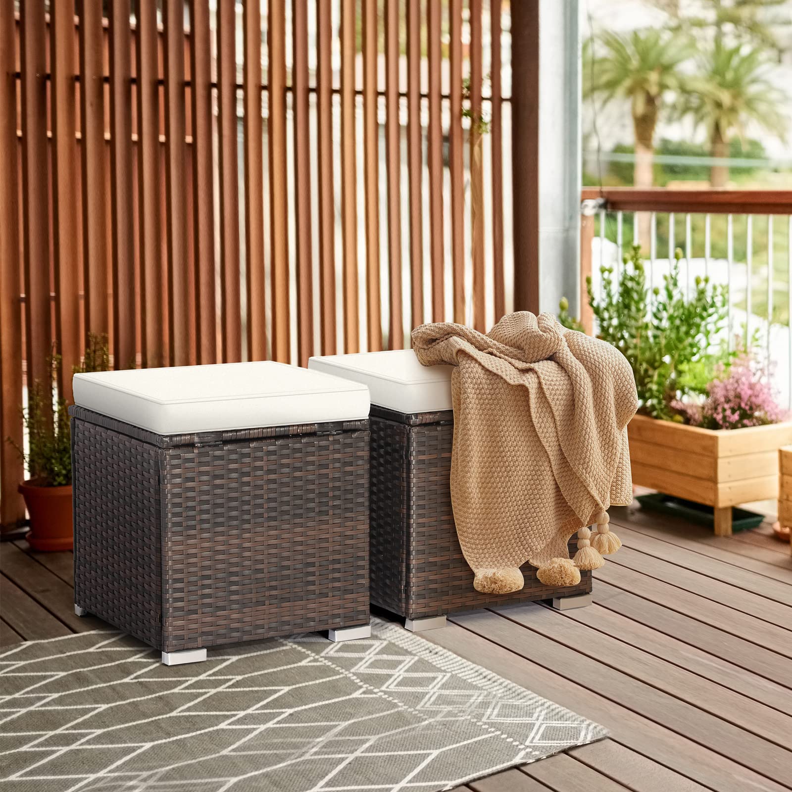 RELAX4LIFE 2-Piece Wicker Outdoor Storage Ottoman Set with Removable Cushion - Rattan Footstool, Multipurpose Footrest, Side Table & Extra Seating - Perfect for Patio, Deck, Garden & Poolside (Off White)