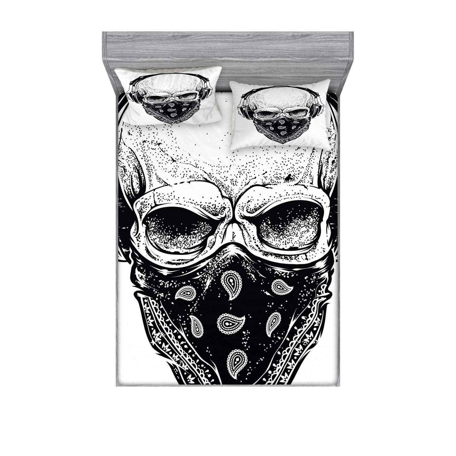 Ambesonne Gothic Skull Bandana Headphones 3-Piece Bedding Set - King Size Fitted Sheet & Pillow Shams, Black & Pale Grey - Perfect for Rock Music Lovers' Bedroom Decor & Gothic Themed Rooms