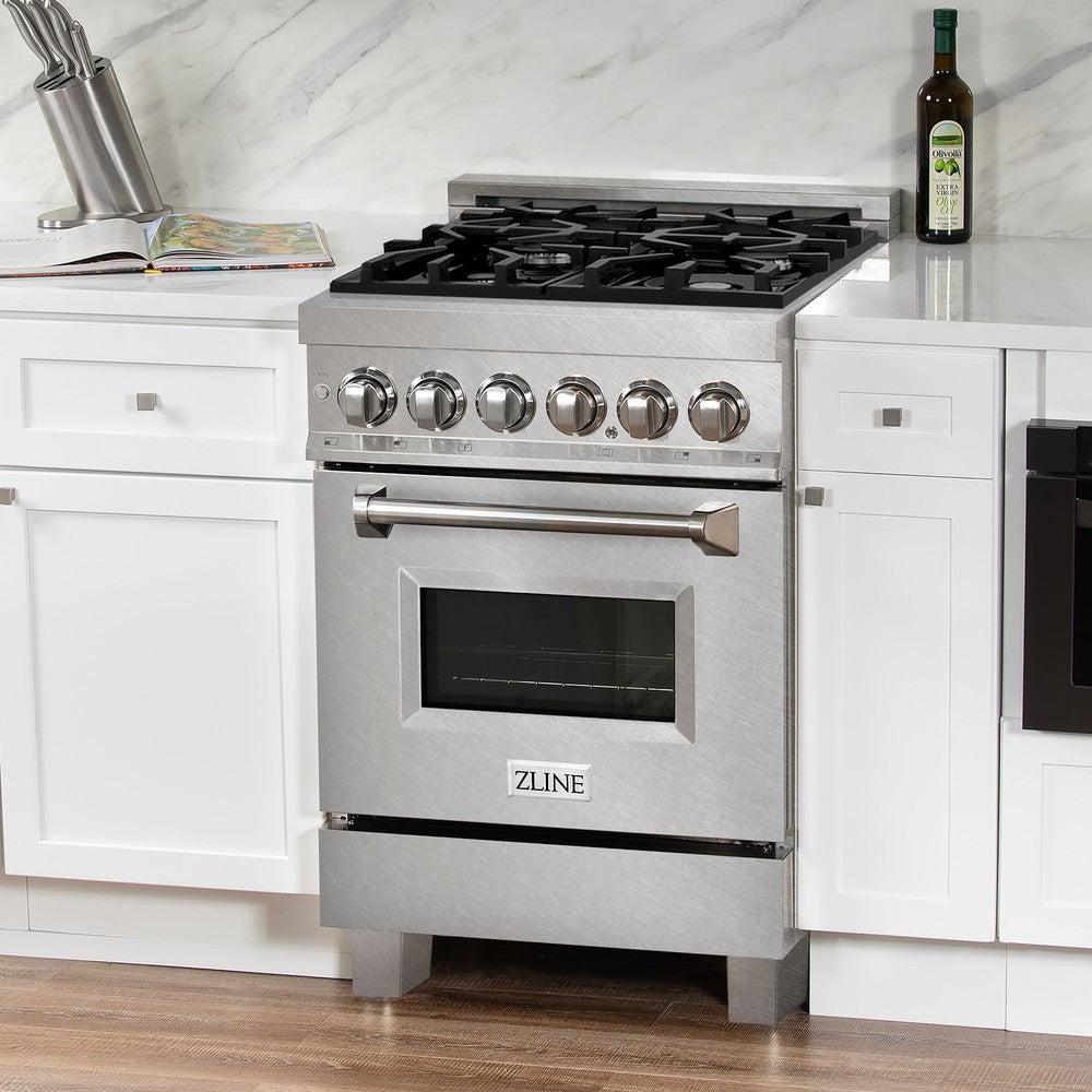ZLINE 24 Inch 2.8 Cu. Ft. Dual Fuel Range with 4 Burner Gas Cooktop & Electric Convection Oven - Satin Stainless Steel (RAS SN 24) | Perfect for Modern Kitchens, Home Chefs & Professional Cooking