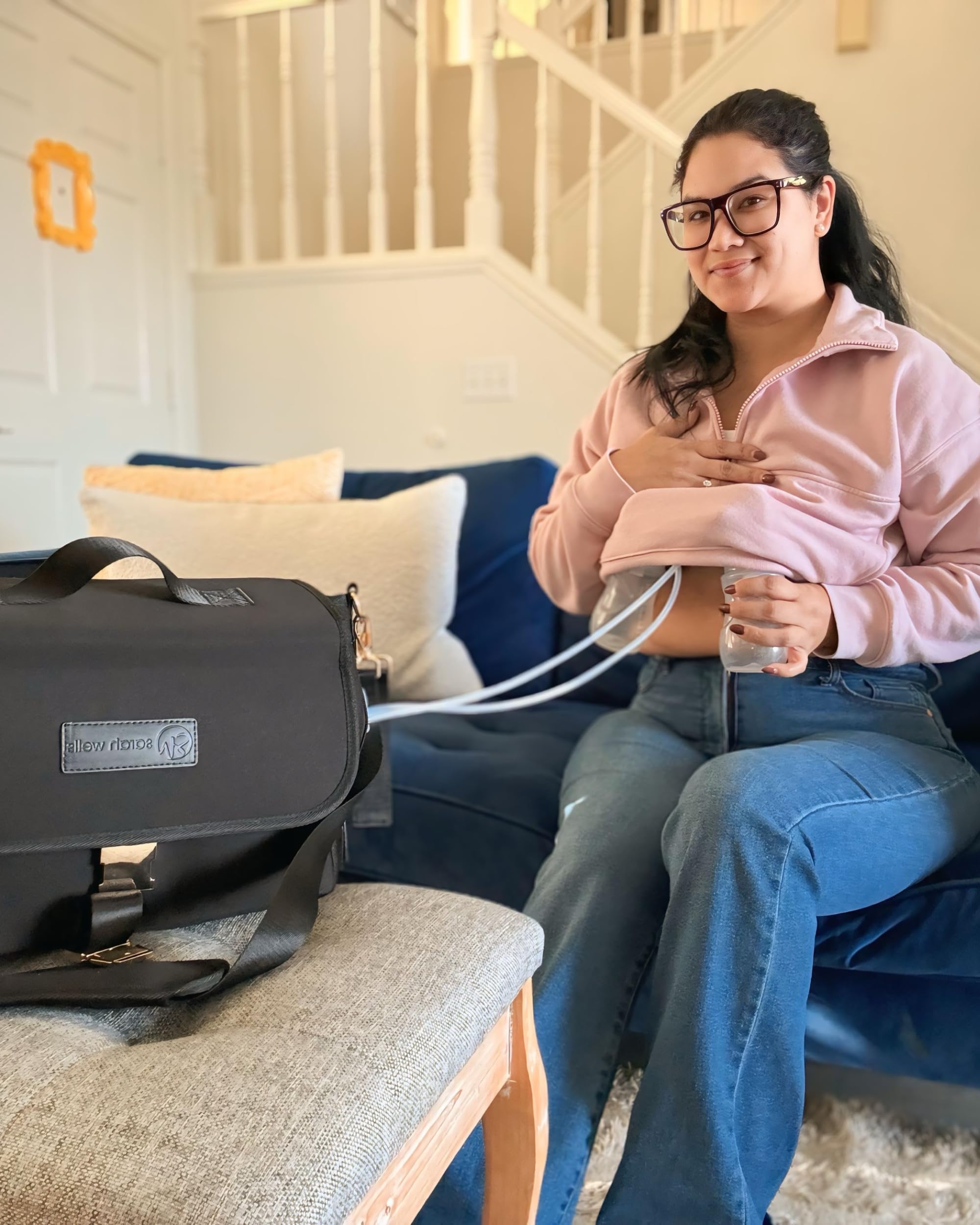 Sarah Wells Maddy Caddy Breast Pump Bag - Insulated Neoprene Diaper Bag with Stroller Caddy, Luggage Sleeve & Adjustable Pockets - Crossbody Pumping Bag for Working Moms (Black XOXO) - Perfect for Office, Travel and On-the-Go Breastfeeding
