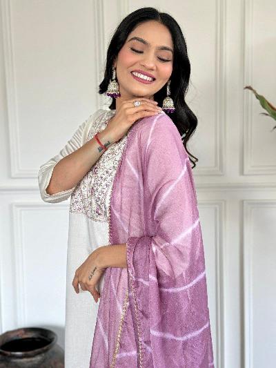 Elegant White Chanderi Salwar Suit with Purple Embellished Print Dupatta - Traditional Indian Ethnic Wear for Weddings & Festive Occasions