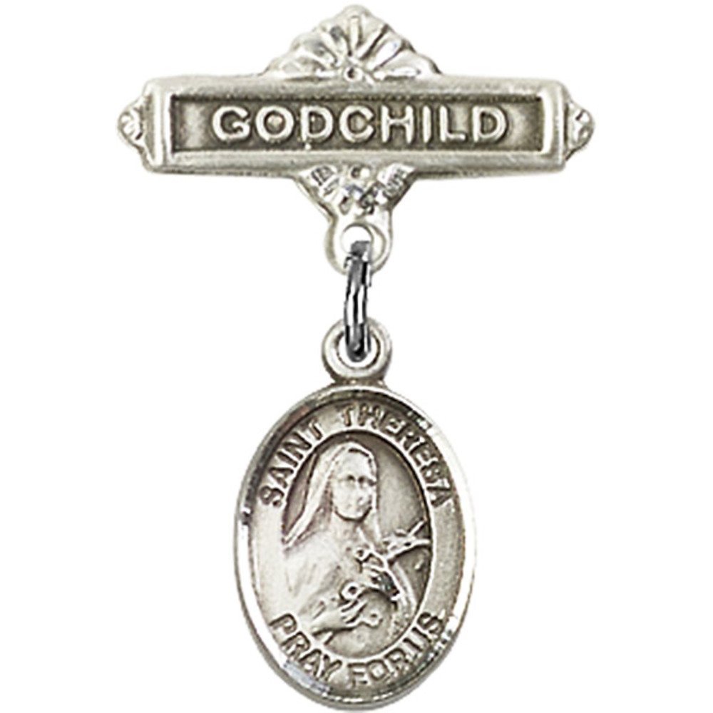St. Theresa Sterling Silver Baby Badge & Godchild Pin - 1 X 5/8 Inch Religious Jewelry Gift for Baptism, Christening & First Communion - Perfect for Godparents & Newborn Blessings