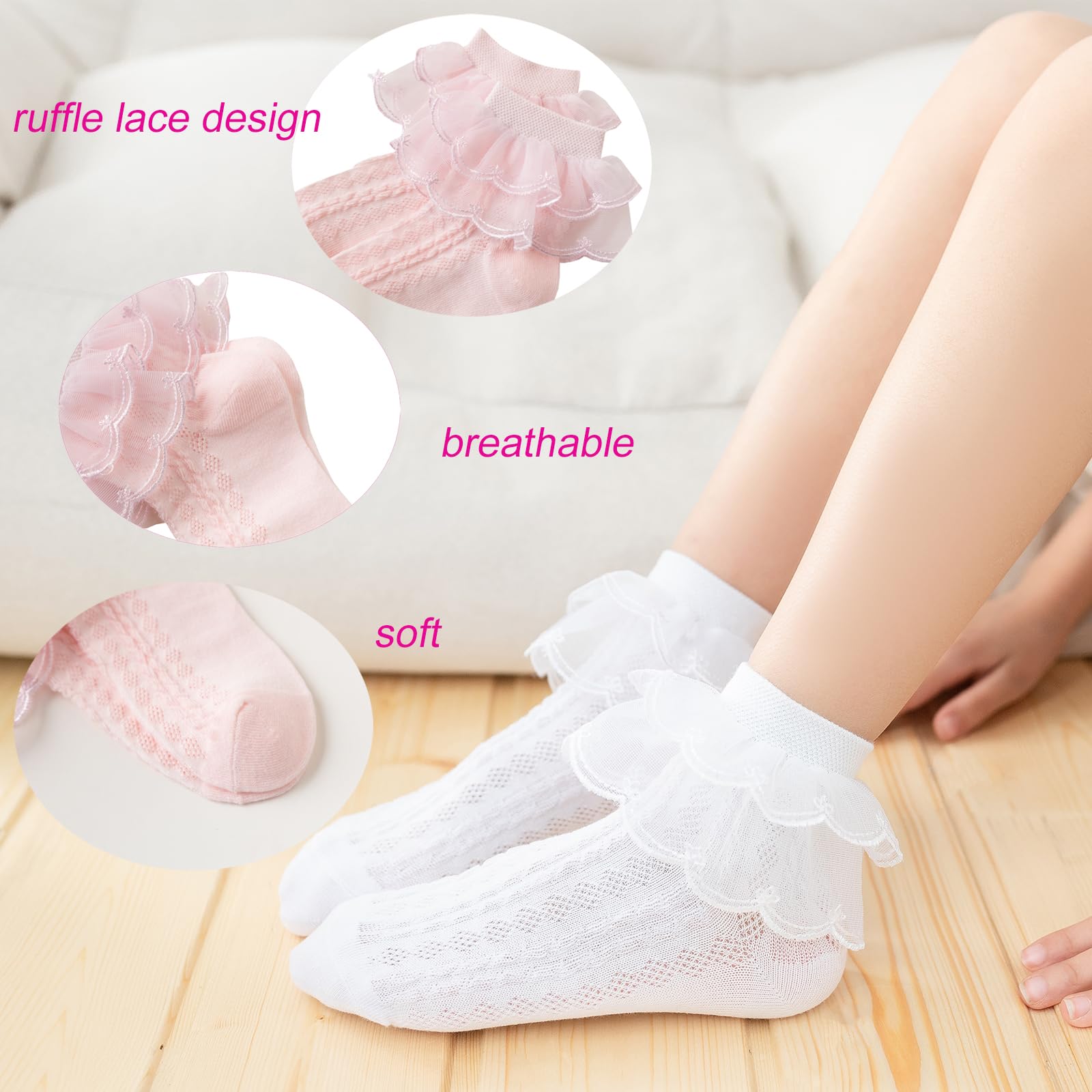 Jupsk Girls Frilly Ankle Socks - 6 Pairs White Ballet Ruffle Lace Cotton Socks for Kids Ages 1-9 Years | Perfect for School, Dance Class & Everyday Wear