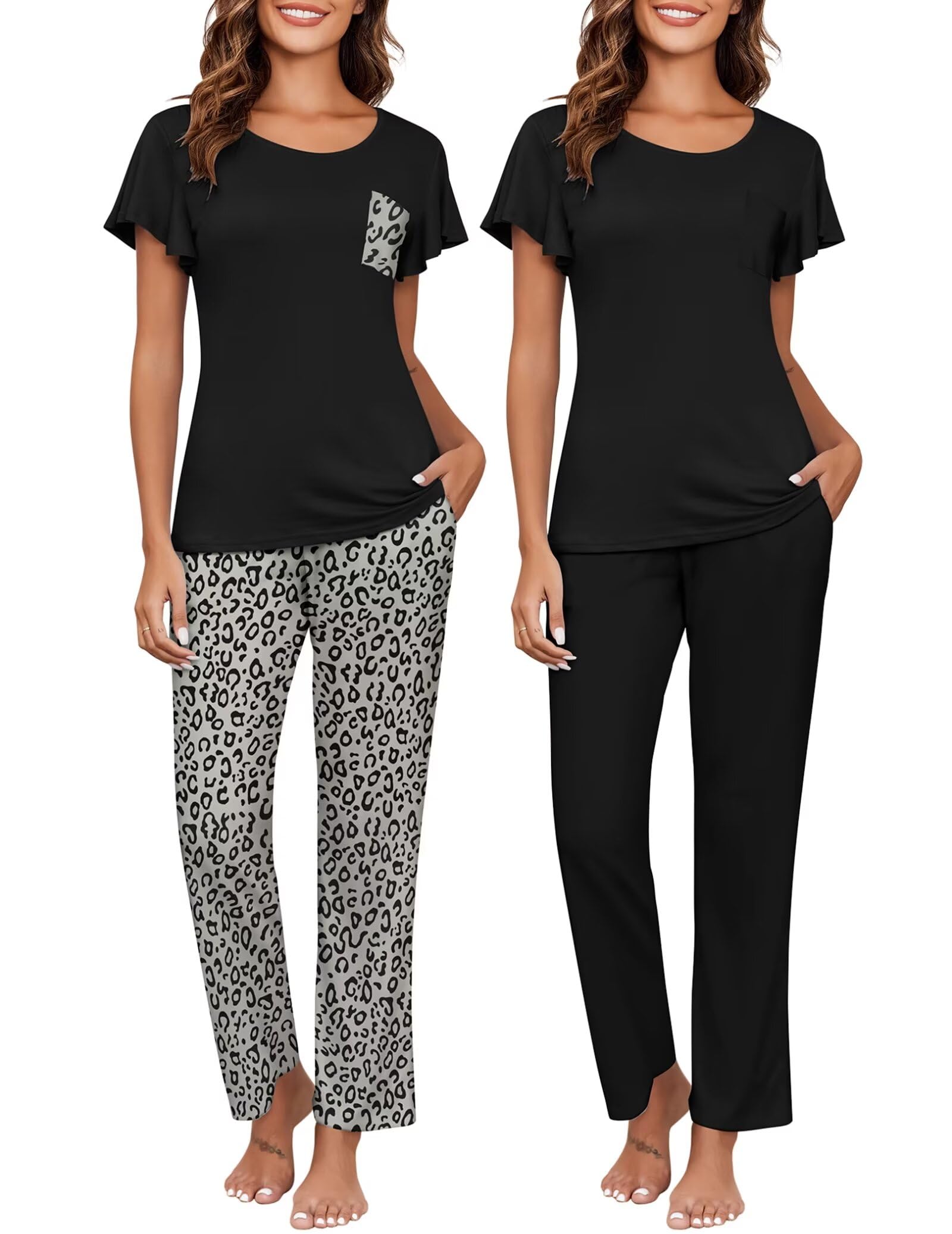 Ekouaer Women's Pajama Set - 2 Pack Soft Short Sleeve & Long Pants Sleepwear with Pockets, Cute Printed Pajamas for Lounge, Sleep & Relaxation at Home