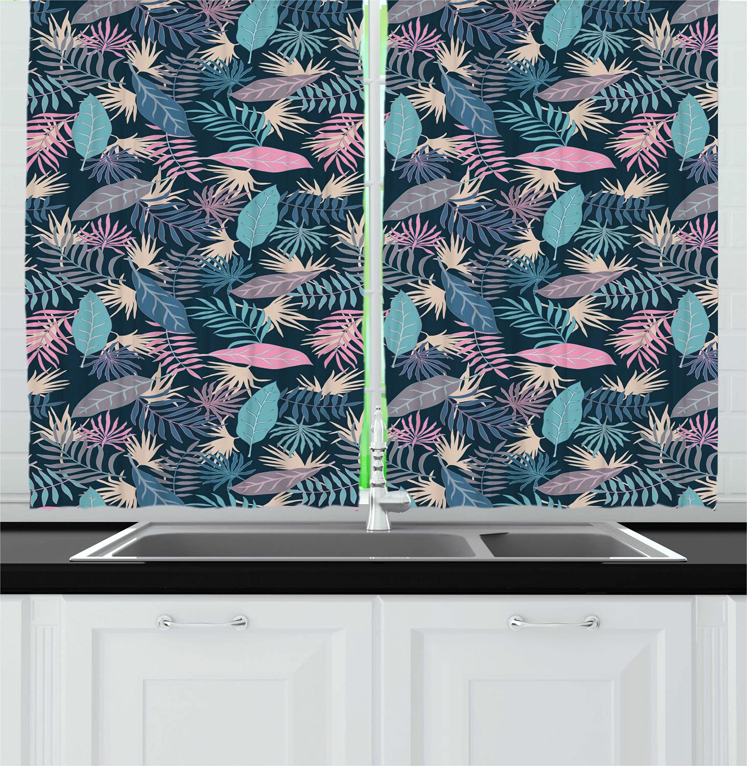 Ambesonne Tropical Leaf Kitchen Curtains - Pastel Pink & Blue Botanical Print Window Drapes, 2 Panel Set 55