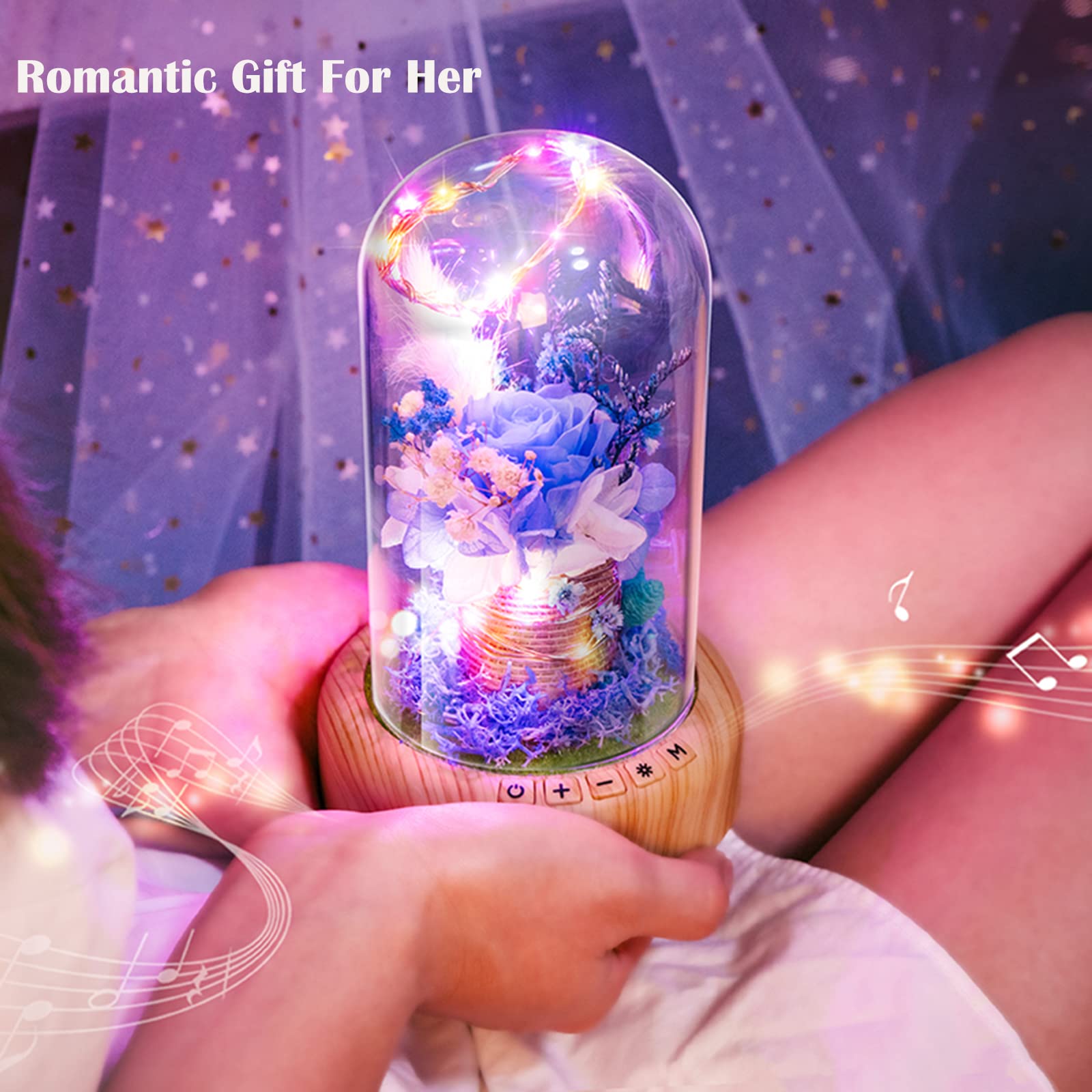 SWEETIME Blue Rose Lamp - Real Preserved Rose in Glass Dome with Bluetooth Speaker, Eternal Flower Night Light & Musical Box - Perfect Gift for Women on Mother's Day, Birthday, Valentine's Day - Romantic Home Decor for Bedroom, Living Room, Wedding Anniversary
