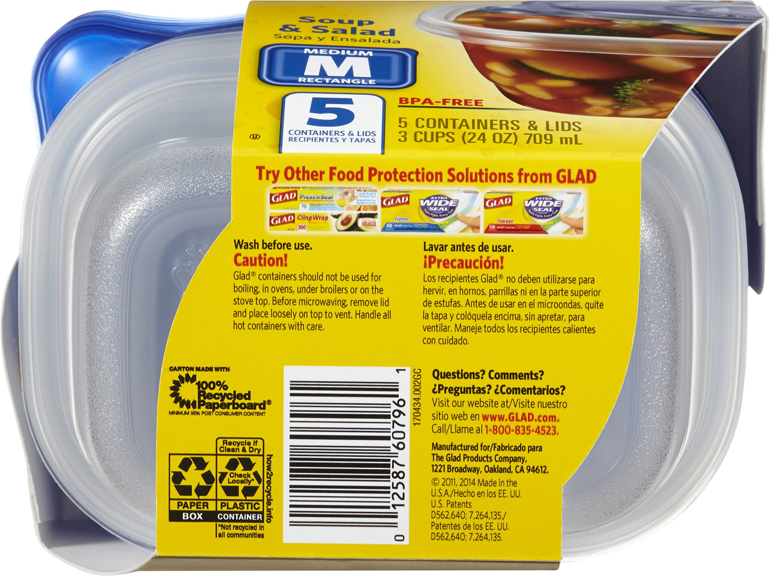 GladWare 24oz Medium Rectangle Food Storage Containers | 5-Piece Set for Soup, Salad & Meal Prep | BPA-Free, Leak-Proof & Microwave Safe | Perfect for Home, Office & Picnics