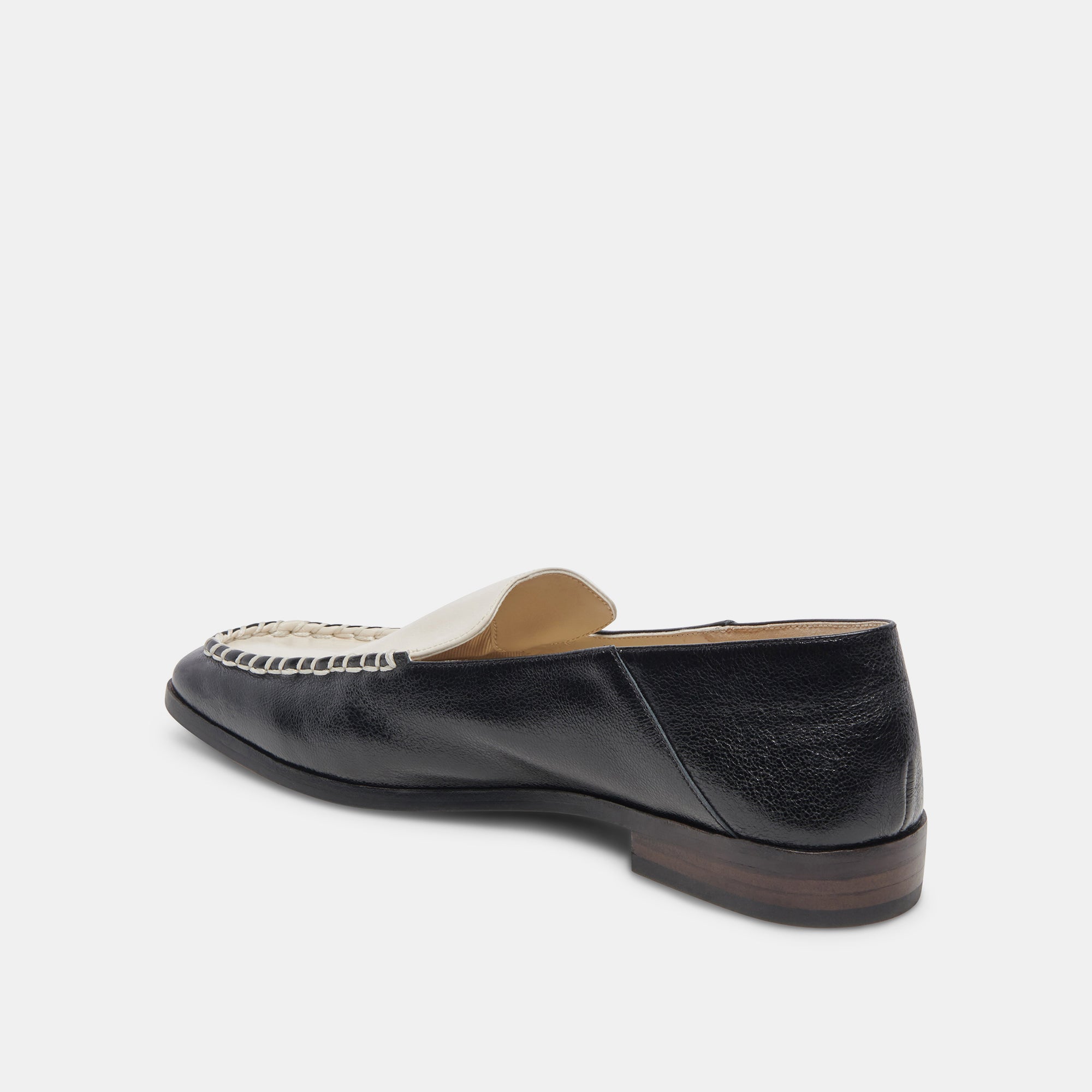 BENY Wide Flats Shoes for Women - White & Black Crinkle Patent Leather - Comfortable Slip-On Loafers for Work, Office, and Casual Wear