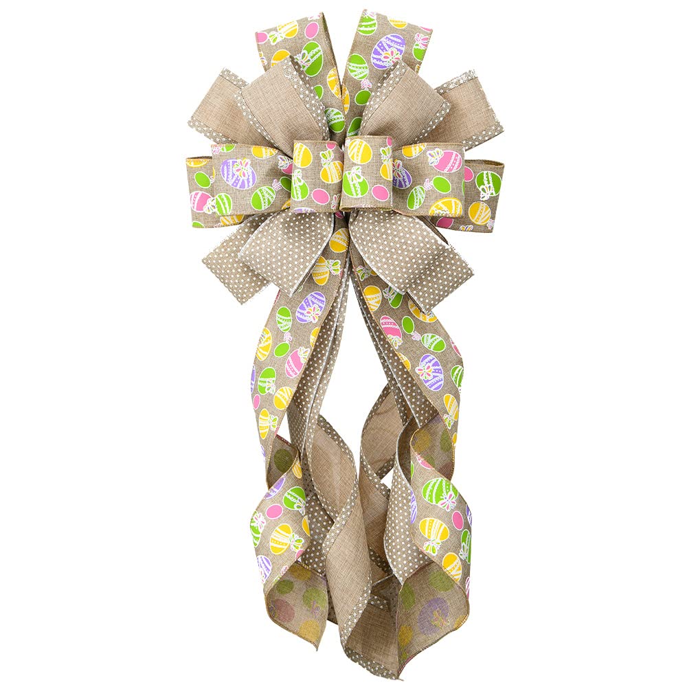 Easter Wreath Bows - Large Spring Bunny Rabbit Ribbon Bows for Wreath Decorations, Beige Burlap Dots Front Door Bow, Home Wall & Tree Decor - Perfect for Easter Party, Spring Door Hanging & Holiday Home Decor