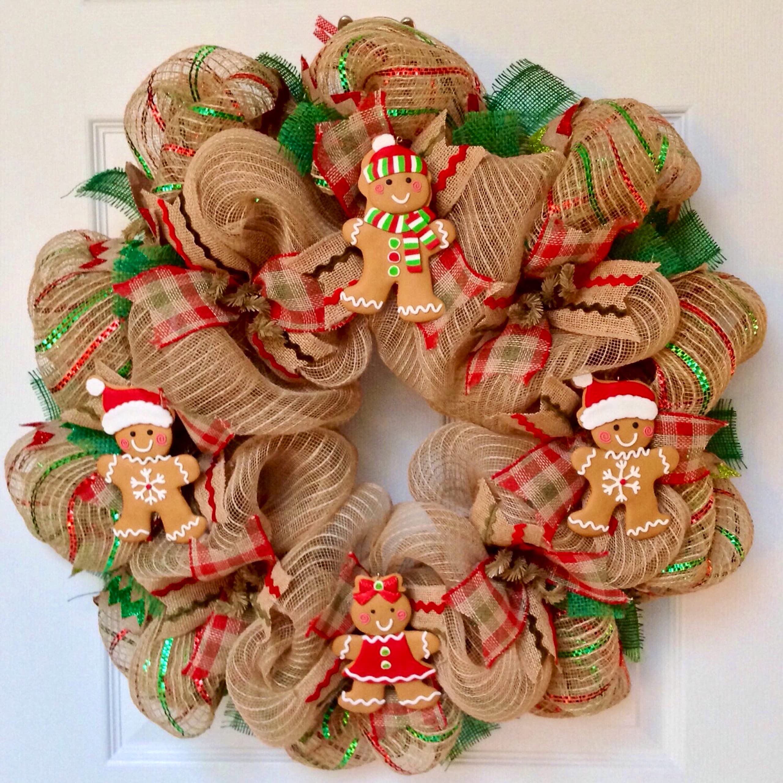 Handmade Gingerbread Men Christmas Wreath - 24 & 28 Inch Deco Mesh Holiday Decor for Front Door, Fireplace & Festive Home Decorations