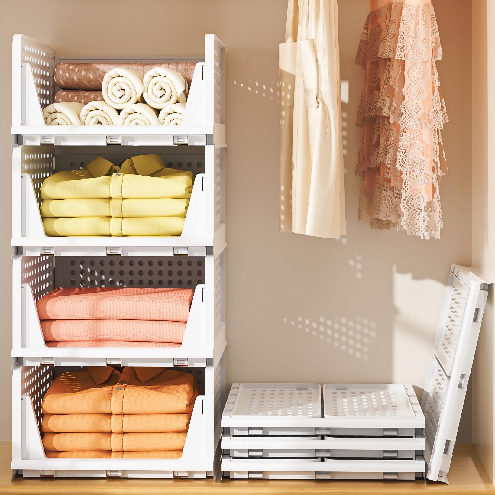 Neprock 4-Pack Stackable Plastic Storage Drawers - Closet Organizer Bins for Clothes, Wardrobe & Shelf Storage (4L) | Space-Saving Solution for Bedroom, Office & Kids Room Organization