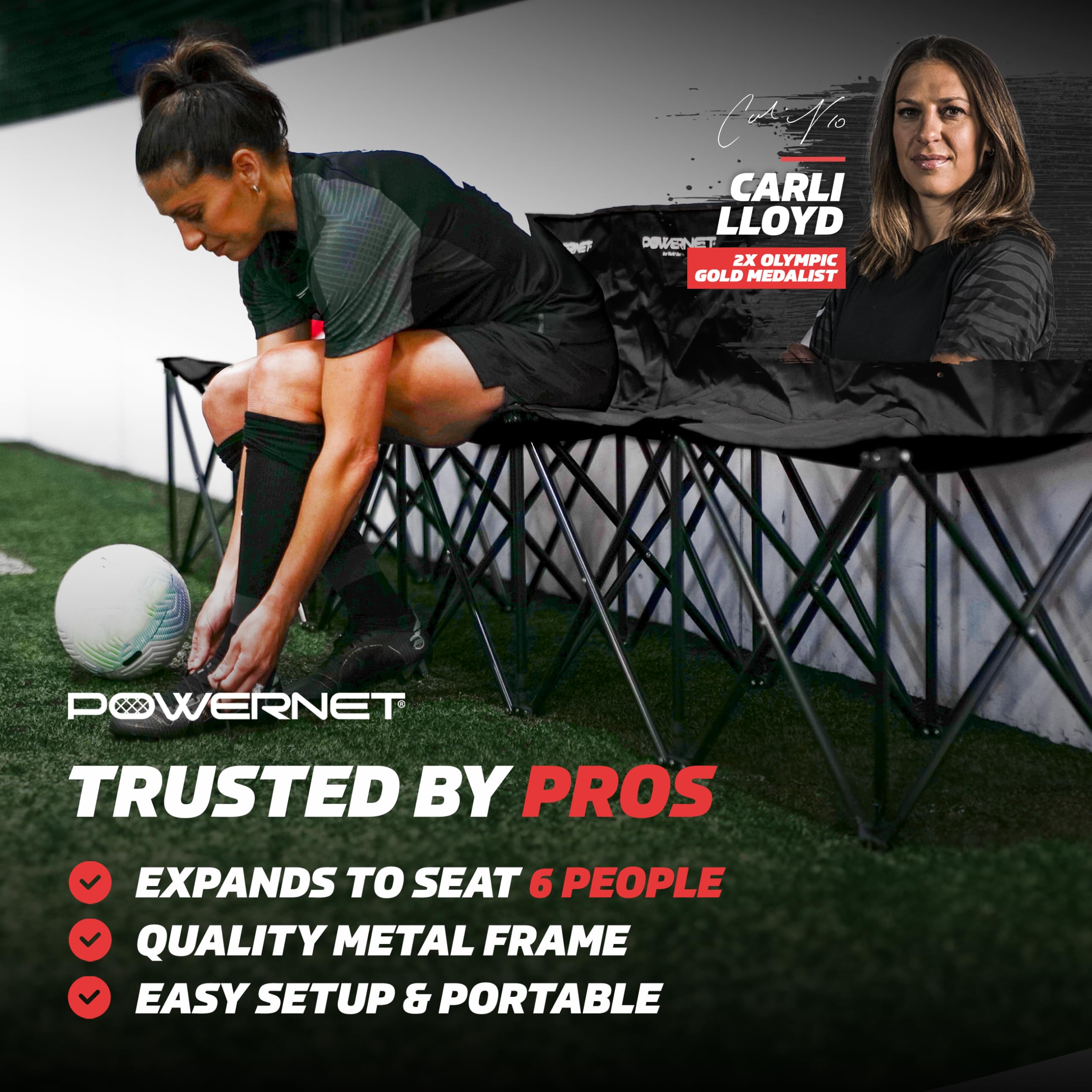 Carli Lloyd 6-Seater Team Bench with Backpack Carry Bag - Ultra Portable Folding Bench for Soccer, Basketball, Football Practice & Games - Perfect for Team Sports, Outdoor Training & Sideline Seating