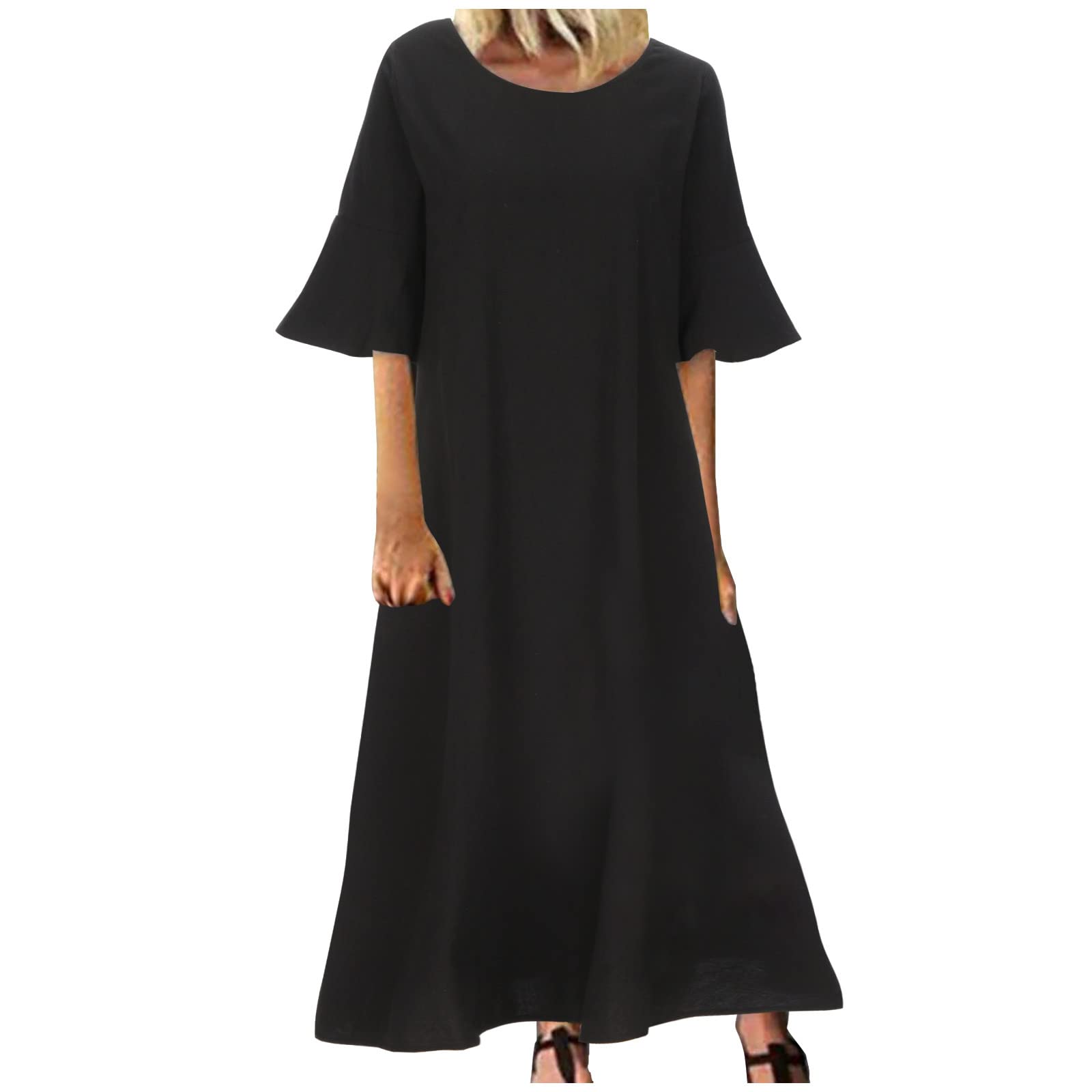 Levmjia Women's Summer Dresses 2023 - Casual Round Neck Ruffled Sleeve Loose Dress in Solid & Printed Styles | Perfect for Beach Vacations, Brunch Dates & Summer Outings