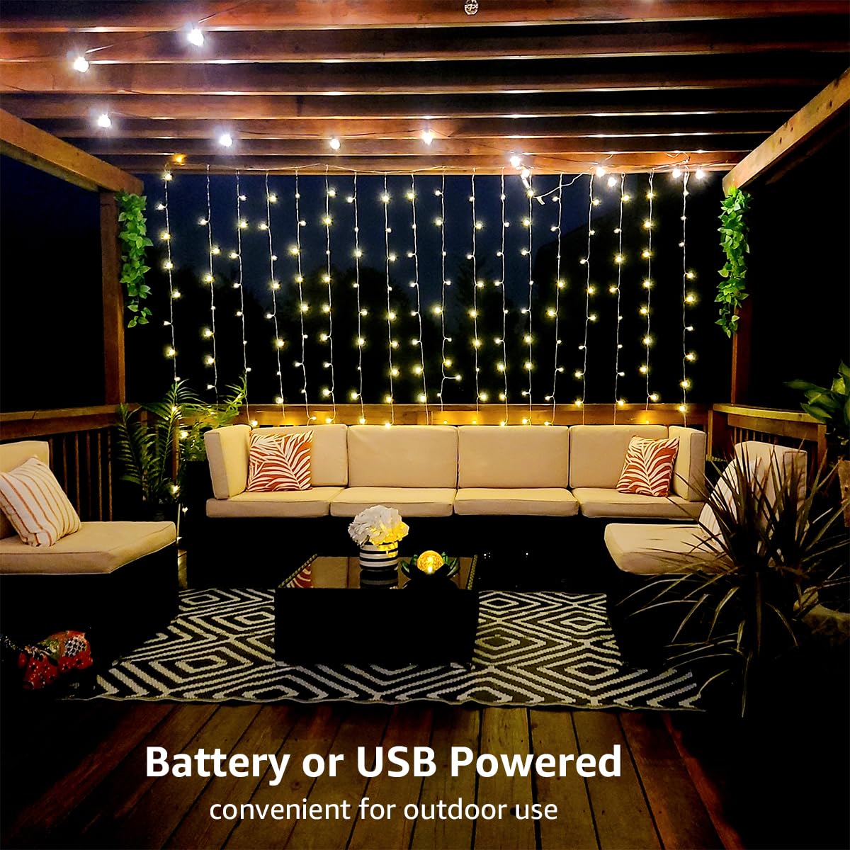 LE Fairy Curtain Lights - 300 LED Battery & USB Powered String Lights with Remote, 10x10ft Indoor/Outdoor Hanging Lights for Bedroom, Wedding, Party Backdrop, Tent, Patio & Gazebo - Perfect for Romantic Ambiance, Holiday Decorations and Outdoor Entertaining