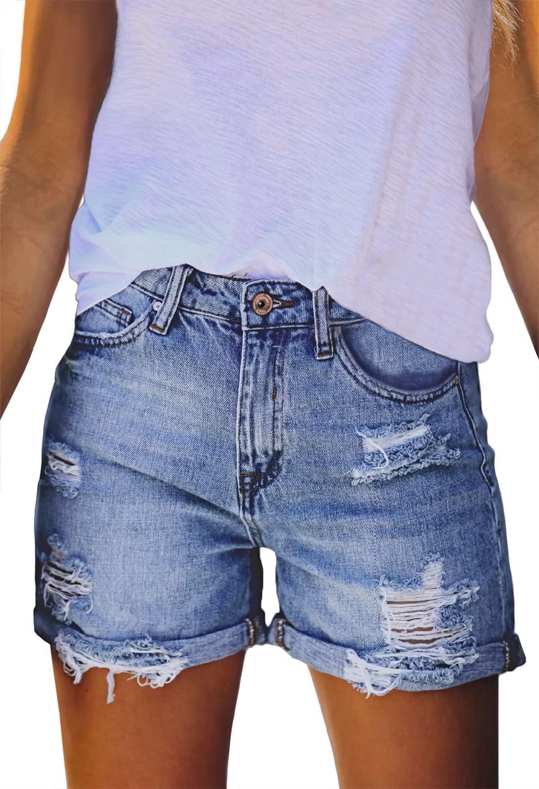 Women's High Waisted Denim Shorts - Ripped Hem & Frayed Distressed Jeans for Summer | Perfect for Casual Outfits, Beach Wear & Street Style