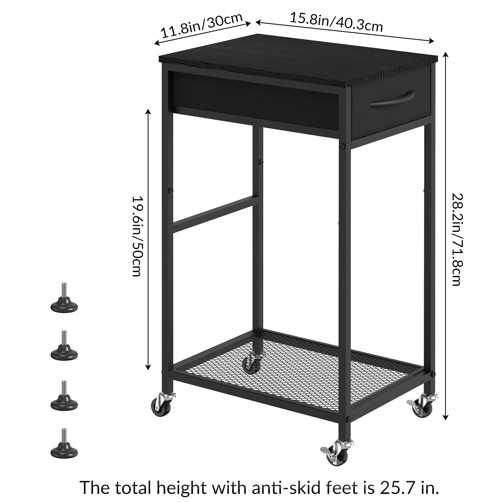 CADUKE 2 Tier PC Stand - Black Computer Tower Stand with Fabric Drawer & Wheels, Modern Printer Stand for Office & Home Use, Under Desk Organizer for Study Room & Gaming Setup