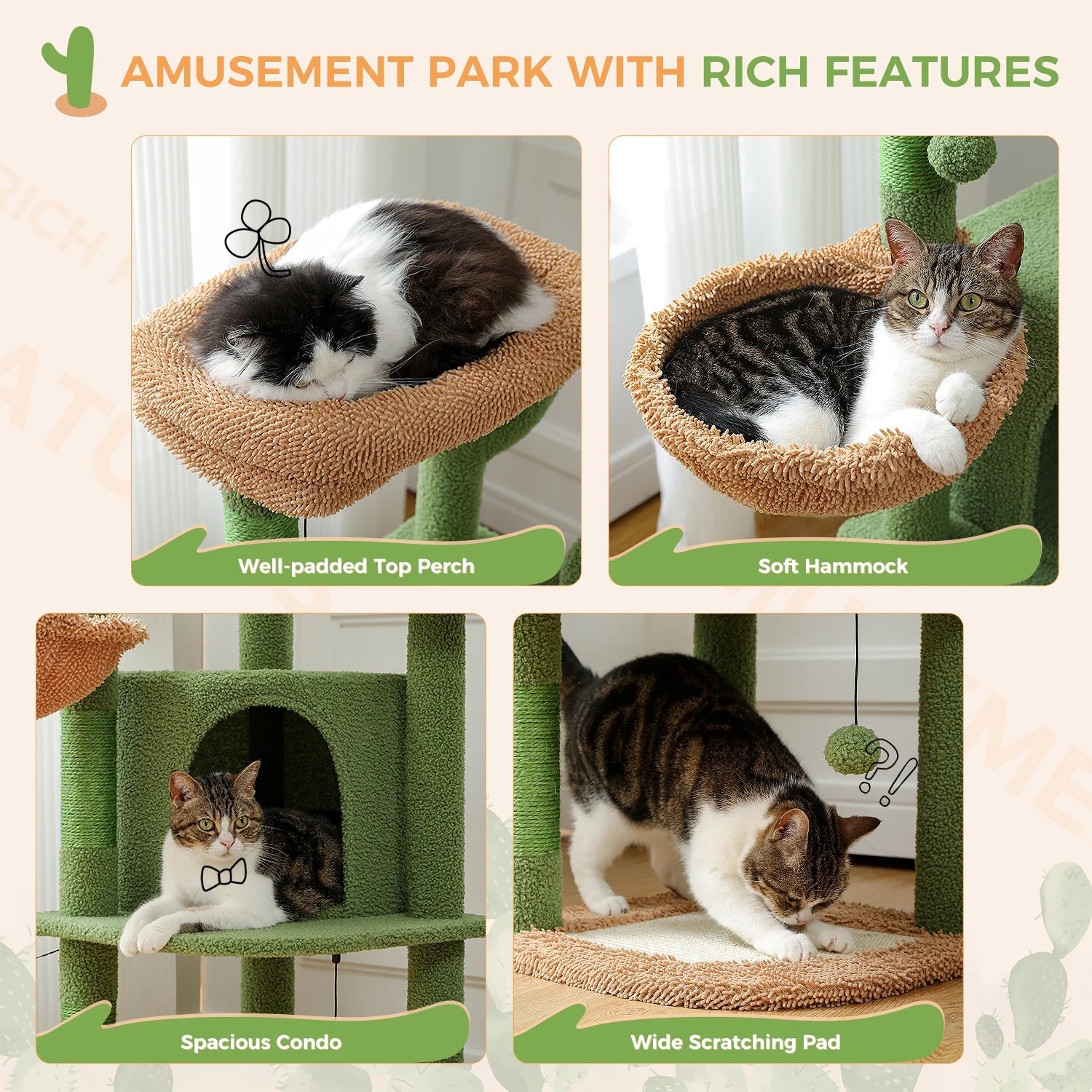 107cm Tall Cactus Cat Tree Tower with Scratching Posts & Condo - Multi-Level Playhouse for Indoor Cats, Perfect for Small Spaces & Kitty Exercise