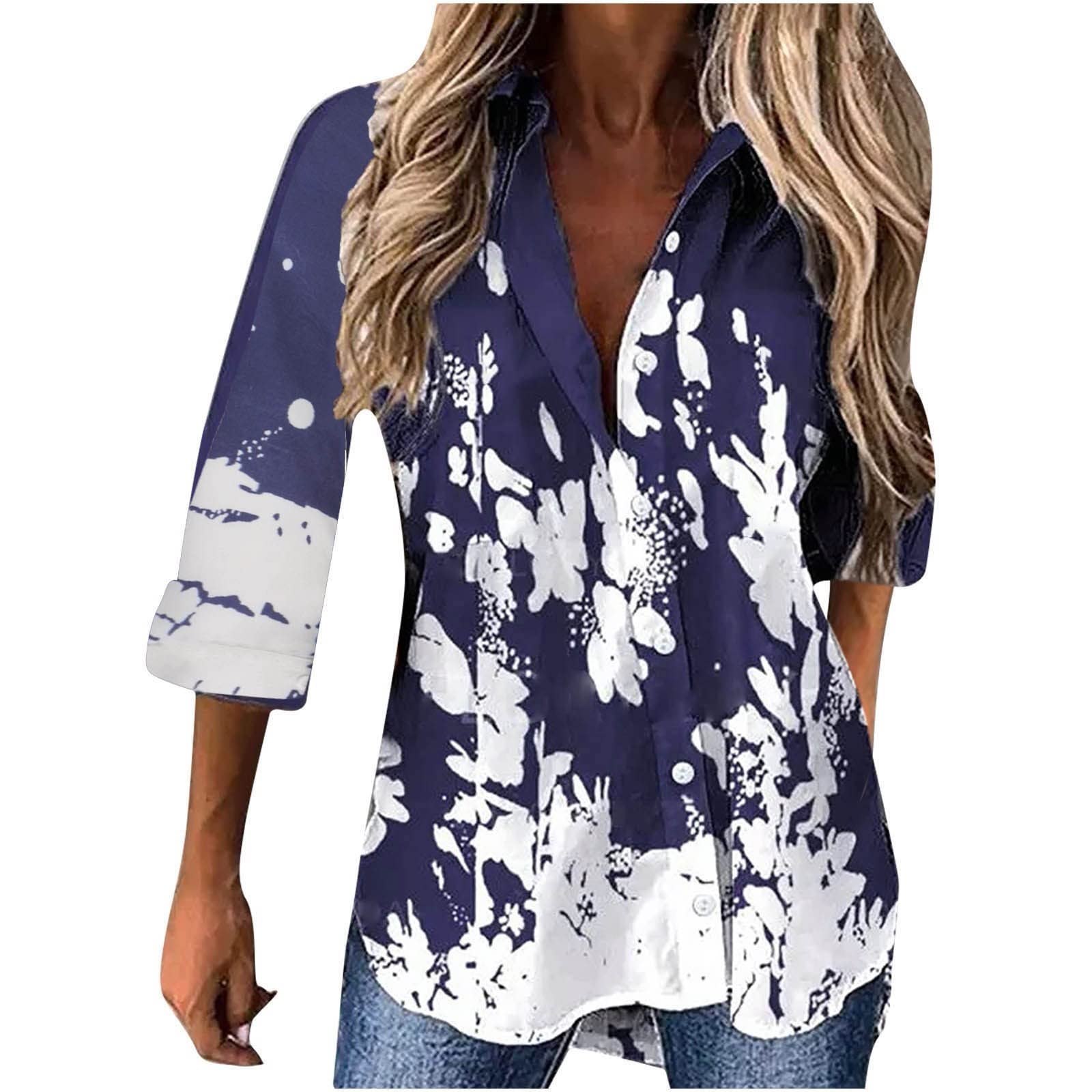Women's Floral Print V-Neck Long Sleeve Button Down Shirt - Slim Fit Casual Blouse for Business Office Work | Professional & Everyday Wear