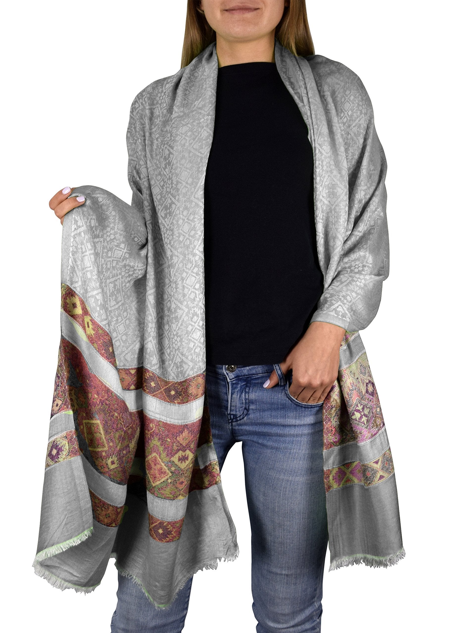 Tribal Silver Peach Couture Exclusive Silky Shiny Paisley Printed Fringe Scarf - Elegant Boho Accessory for Women, Perfect for Festivals, Parties and Everyday Fashion