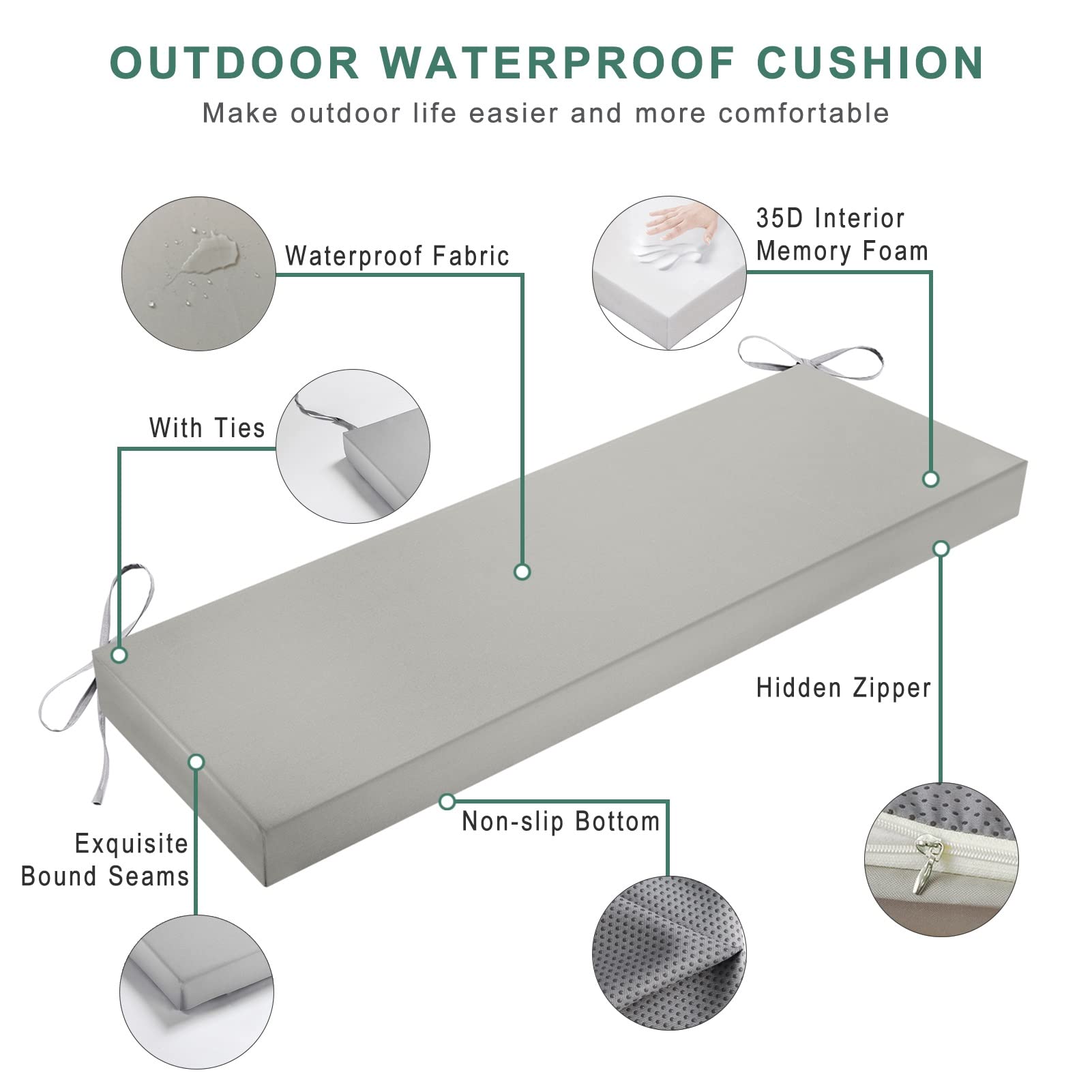 Premium Waterproof Outdoor Bench Cushion - Non-Slip Patio Furniture Cushion for Swing, Window Seat & Indoor Use - 17.7