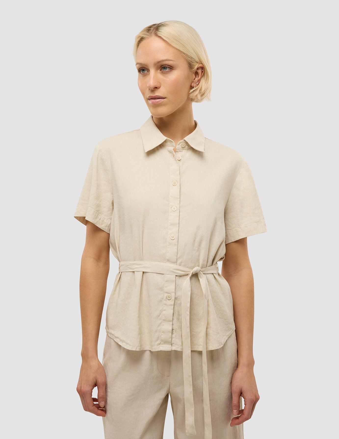 Breathable Linen Set - Sandy Beige Short Sleeve Shirt & Relaxed Pants for Women | Summer Casual Outfit, Beach Vacation & Boho Style