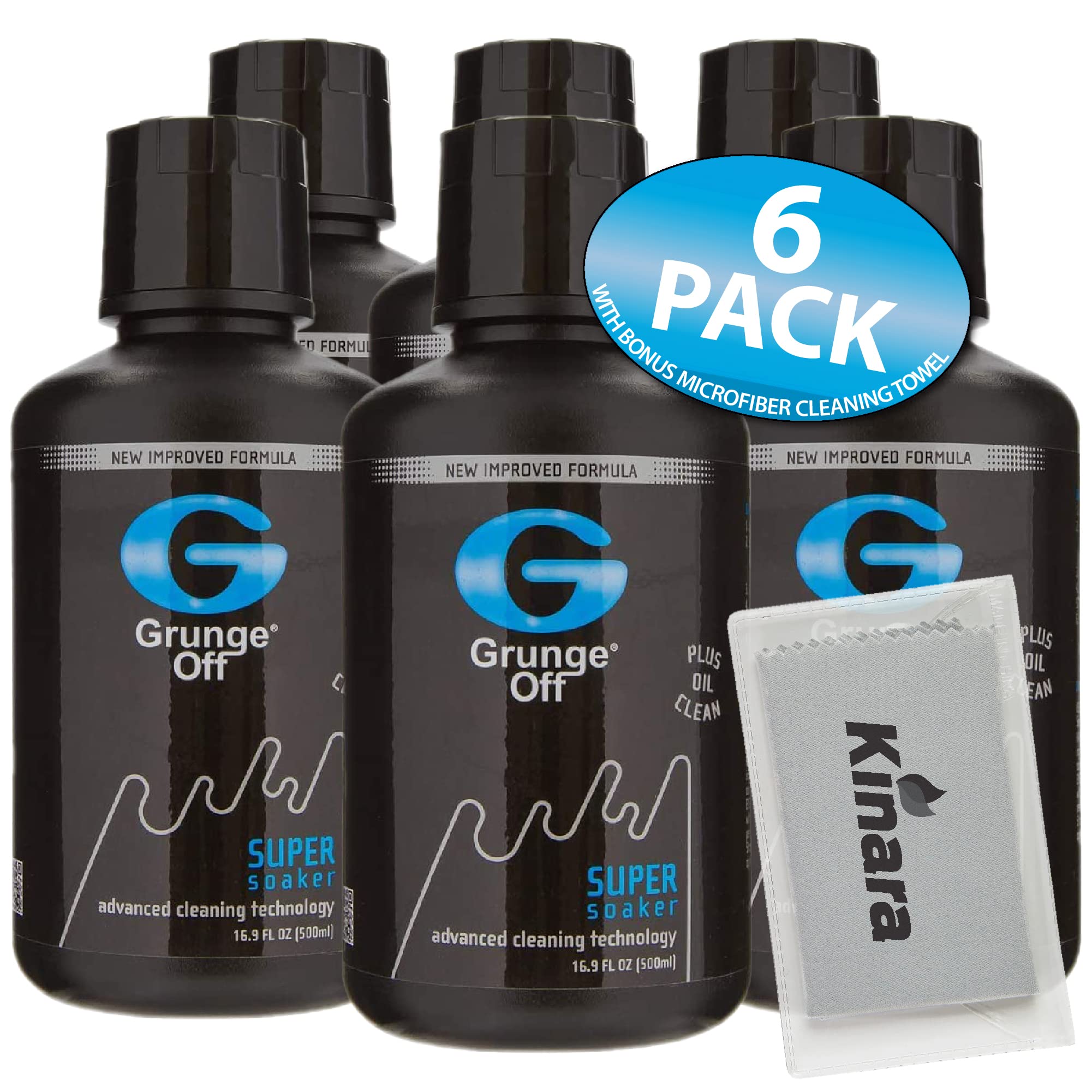 Grunge Off Glass Pipe Cleaner - No Scrubbing Needed Bong & Pipe Cleaning Solution - Reusable 16.9 oz Liquid Cleaner (6-Pack with Kinara Towel) - Perfect for Glass Bongs, Pipes, and Smoking Accessories