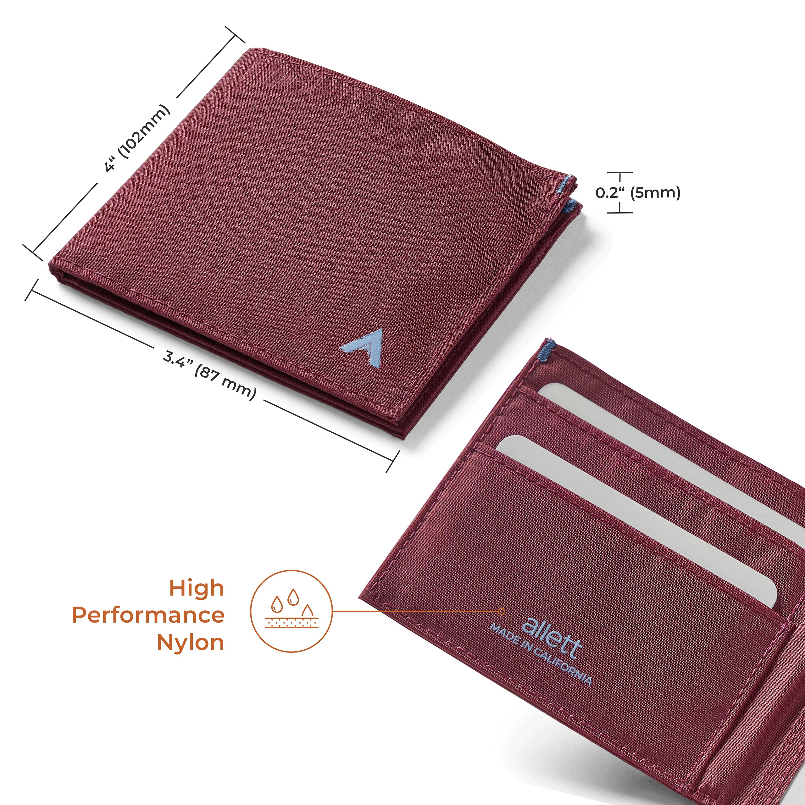 Allett ID Wallet for Men - Slim RFID Blocking Bifold Wallet in Mulberry Nylon | Water Resistant & Durable Minimalist Front Pocket Wallet | Holds 4-12+ Cards & Cash | Perfect for Travel, Business & Everyday Use
