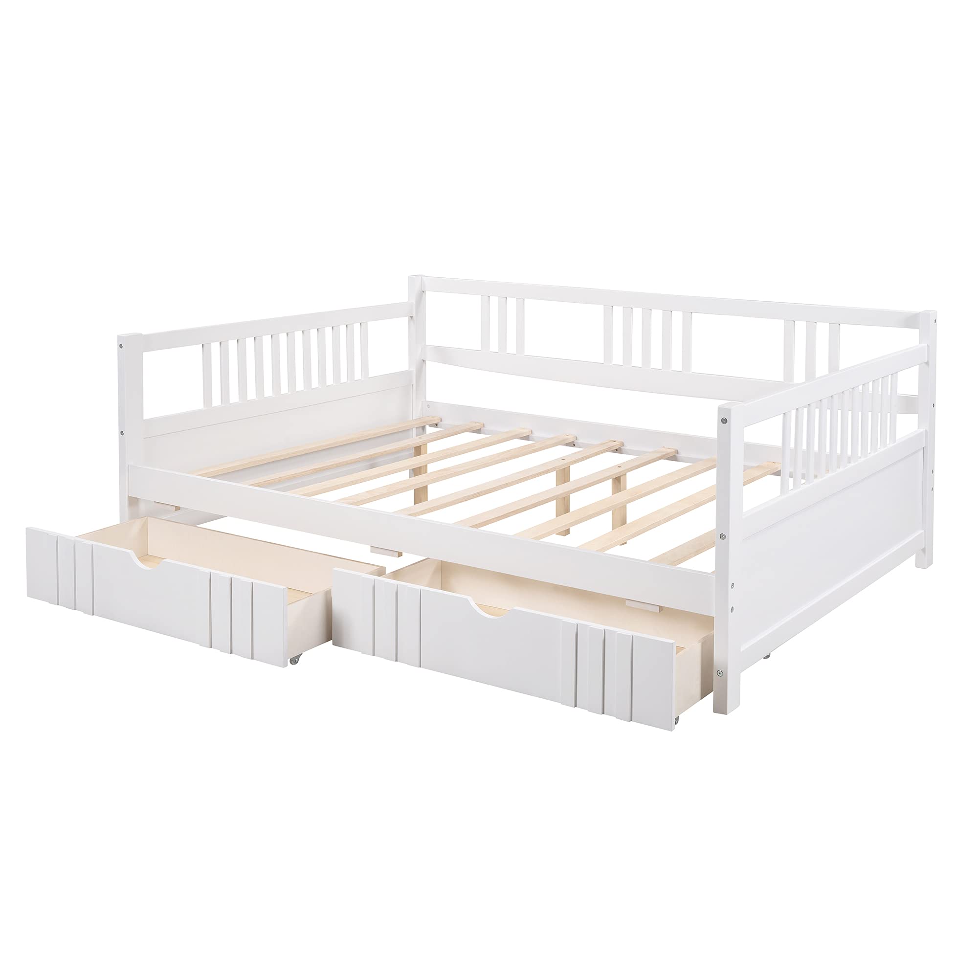 White Full Size Daybed Frame with 2 Storage Drawers - Sturdy Wooden Bed Frame for Kids, Teens & Adults - 10-Slat Support System - Perfect for Guest Rooms, Dormitories & Small Spaces