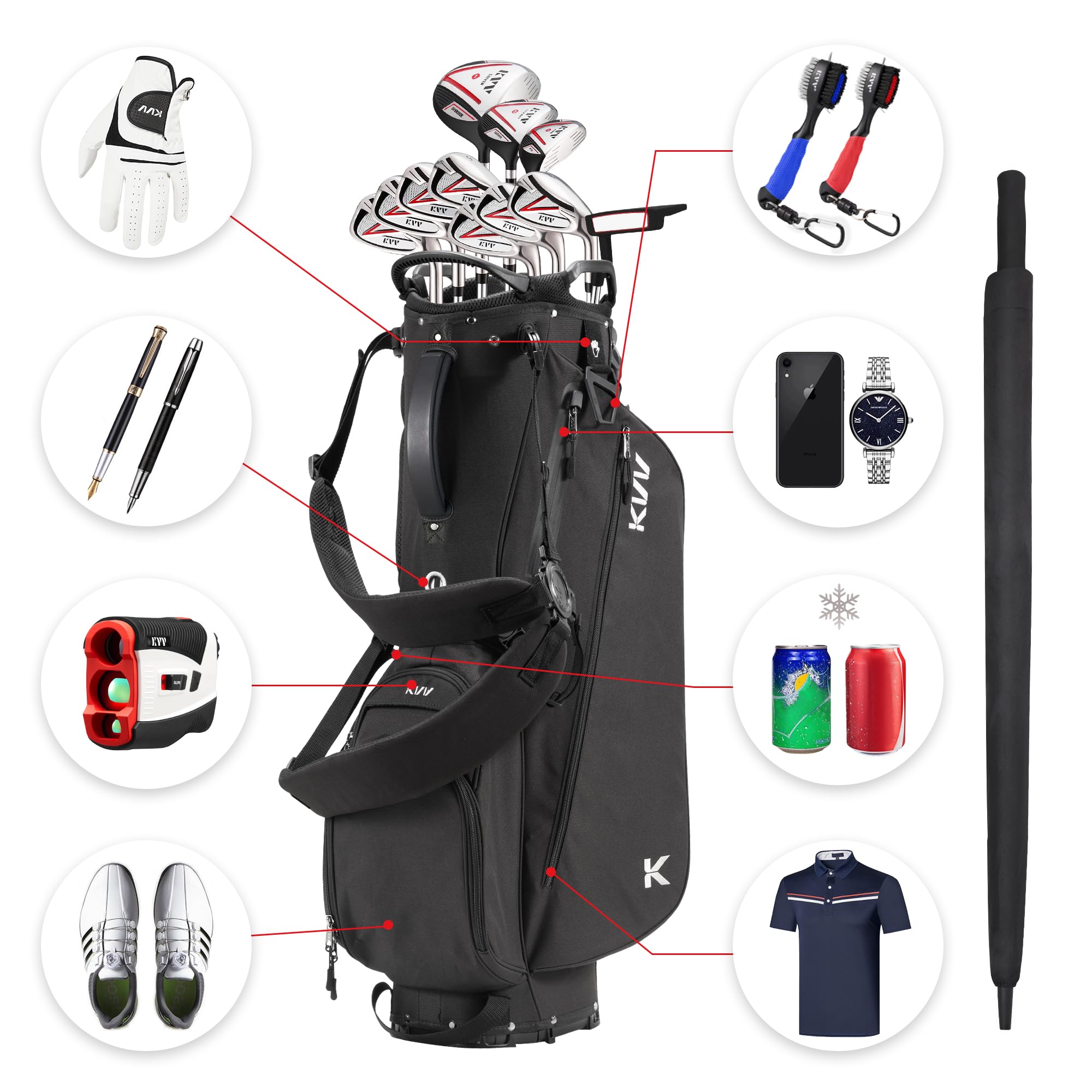 KVV Lightweight Golf Stand Bag with 7-Way Full-Length Dividers & 5 Zippered Pockets - Auto-Adjust Dual Straps, Stylish Design | Perfect for Golfers, Driving Range Practice & Tournament Play