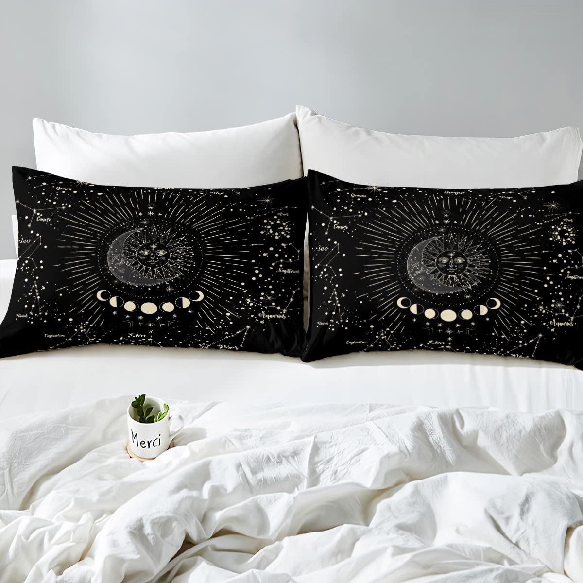 Feelyou Sun and Moon Printed Duvet Cover Set - Bohemian Tribal Black Quilt Cover with 1 Pillowcase (2Pcs) for Twin Bed | Galaxy Astrology Bedding for Kids, Boys & Girls | Perfect for Boho Chic Bedroom Decor & Teen Room Makeover