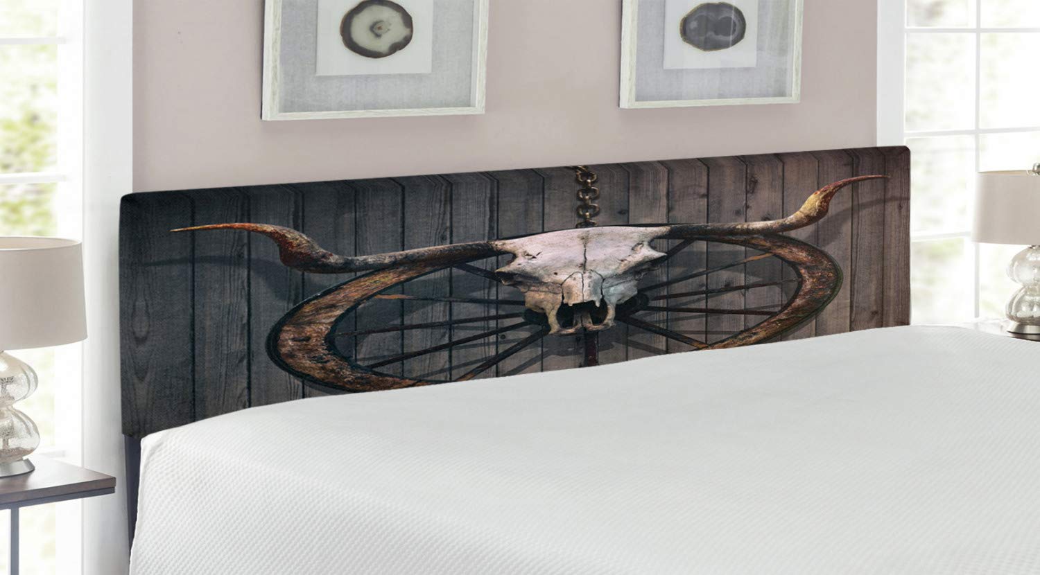 Ambesonne Rustic Western King Size Headboard - Barn Wood Wagon Wheel & Longhorn Bull Skull Design, Upholstered Metal Bed Frame with Memory Foam in White, Black & Brown | Perfect for Ranch, Farmhouse or Cowboy Themed Bedrooms