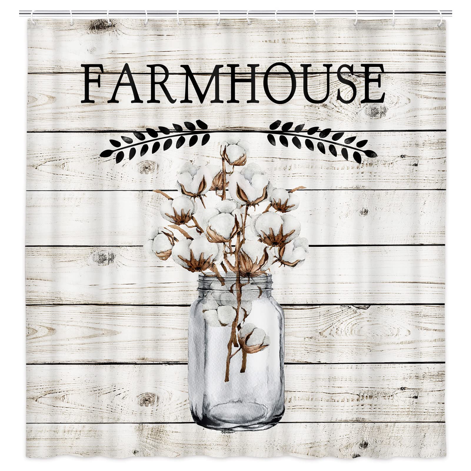 Farmhouse Shower Curtain Set - Rustic Cotton Flower in Mason Jar Design on Barn Wood Fabric, Waterproof Bathroom Curtain with Liner & Hooks, 36x70 Inches - Perfect for Countryside, Vintage & Boho Bathroom Decor