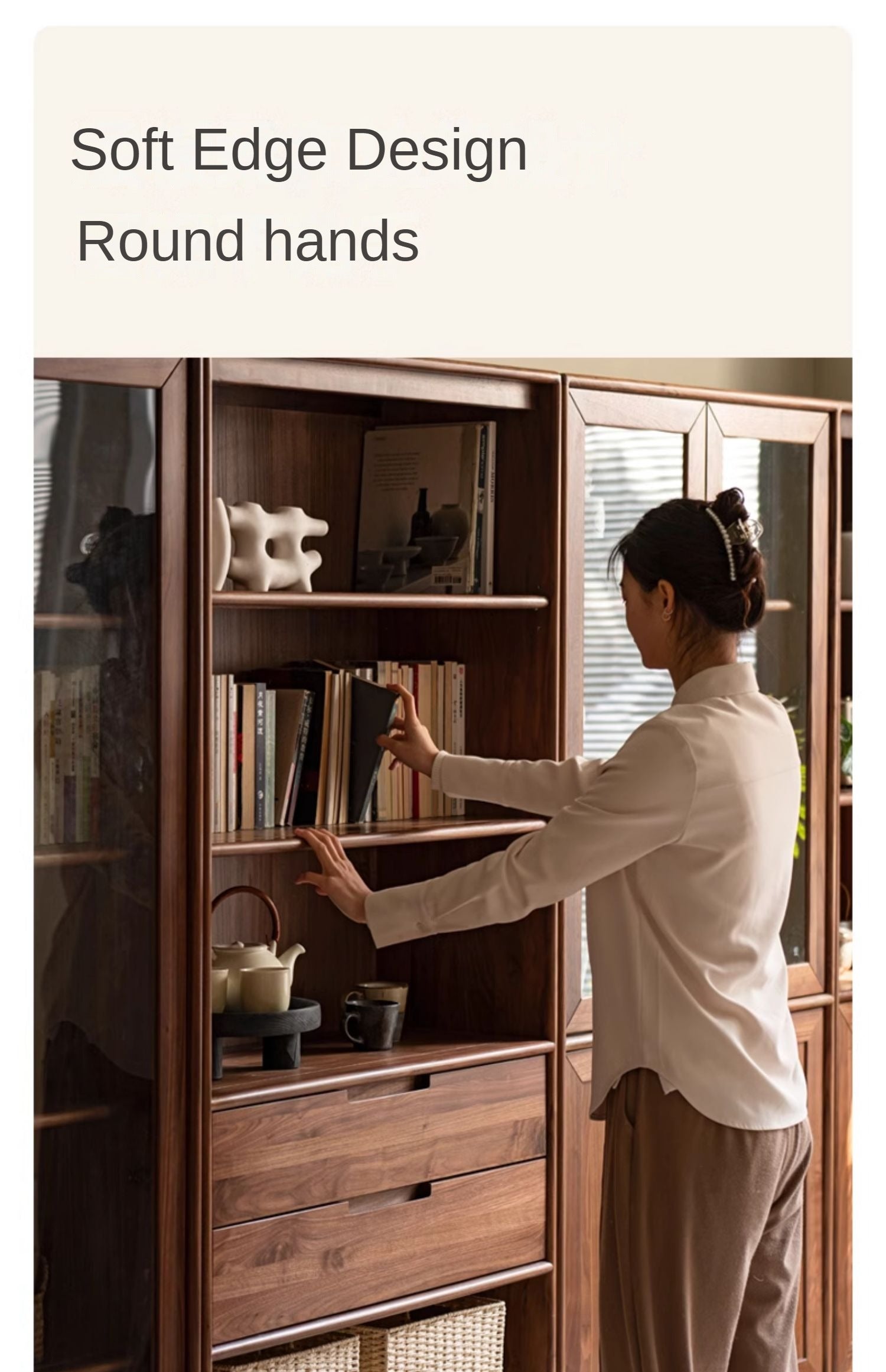 Premium Black Walnut & Ash Solid Wood Bookcase with Dust-Proof Glass Doors - Stylish Home Office & Living Room Storage Solution